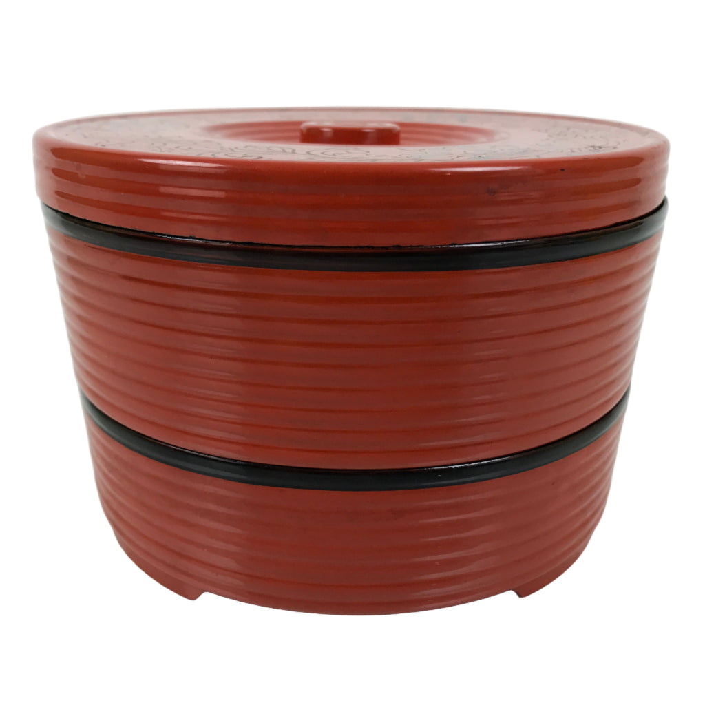 Japanese Resin Lidded Bento Lunch Box Vtg 2 Tier Jubako Round Red Black L546