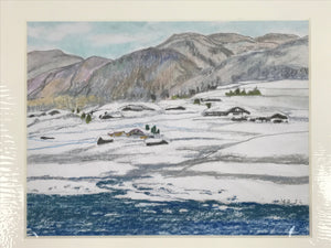 Japanese Riverside Village Snow Pastel Drawing Art Signed