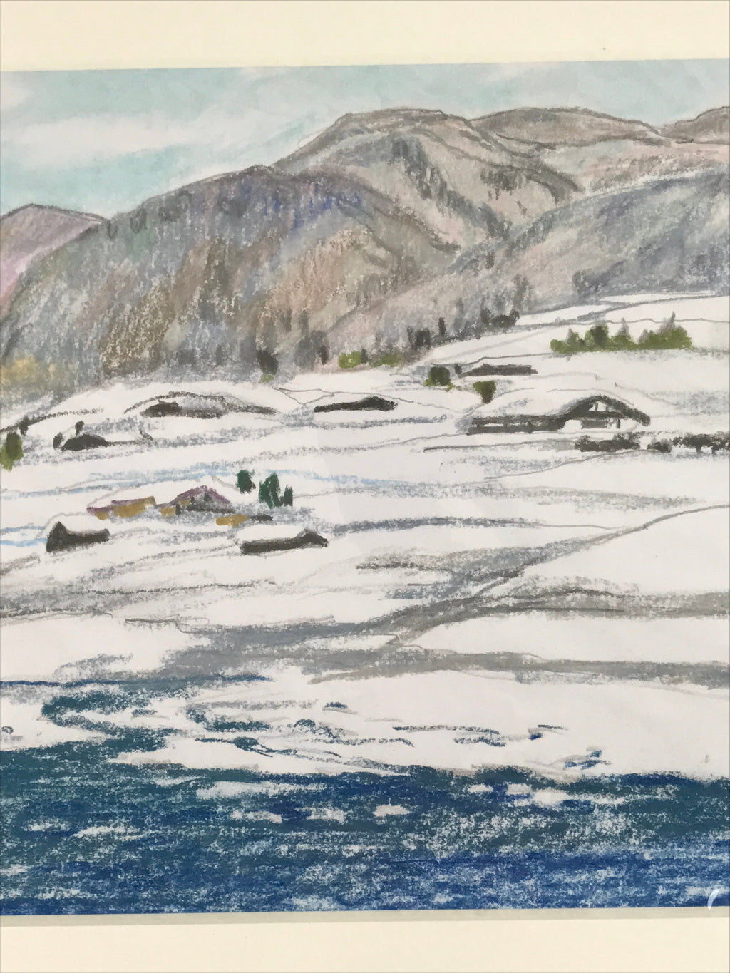 Japanese Riverside Village Snow Pastel Drawing Art Signed Yoshihiro Hagino FL326