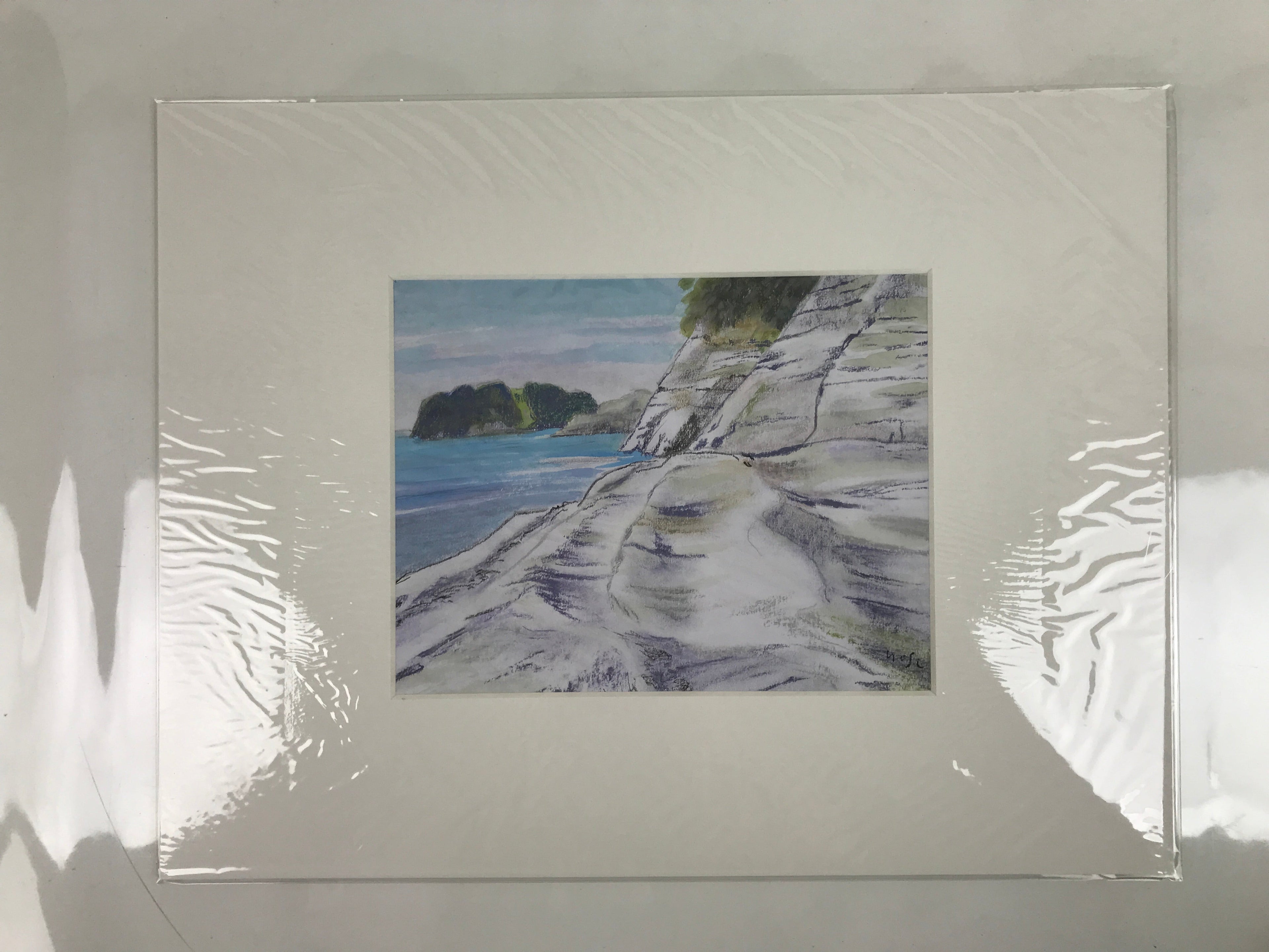 Japanese Rocky Cliff Coastline Pastel Drawing Art Signed Yoshihiro Hagino FL333