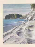 Japanese Rocky Cliff Coastline Pastel Drawing Art Signed Yoshihiro Hagino FL333