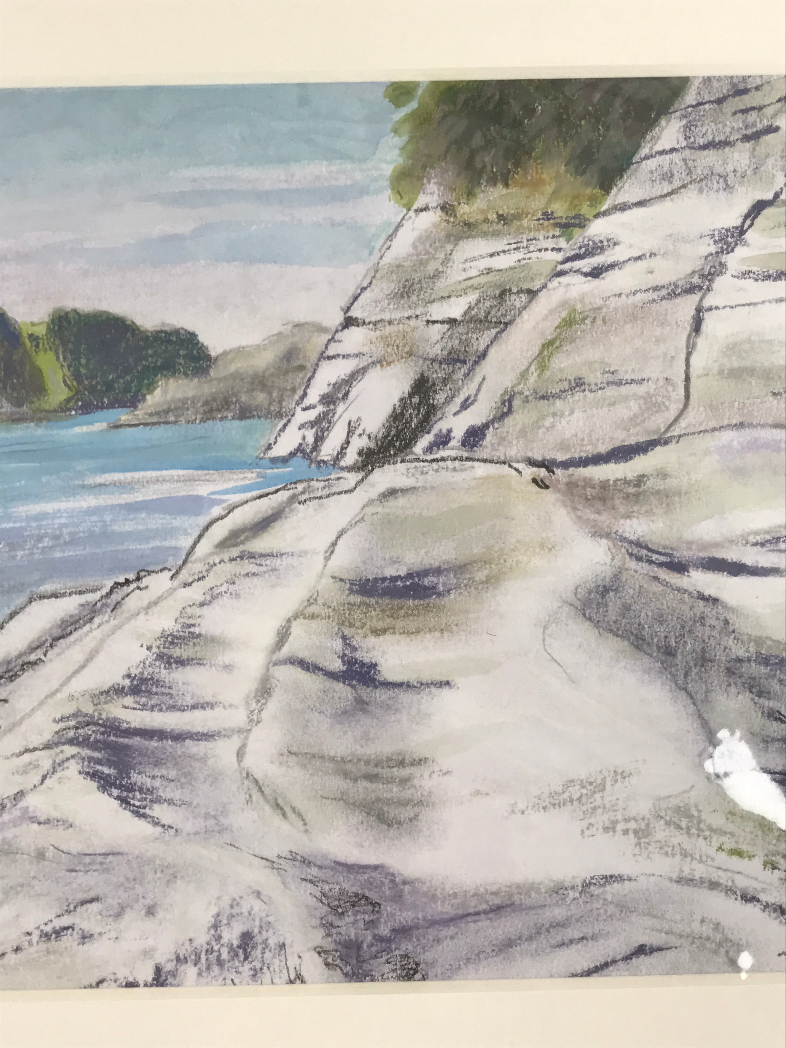 Japanese Rocky Cliff Coastline Pastel Drawing Art Signed Yoshihiro Hagino FL333