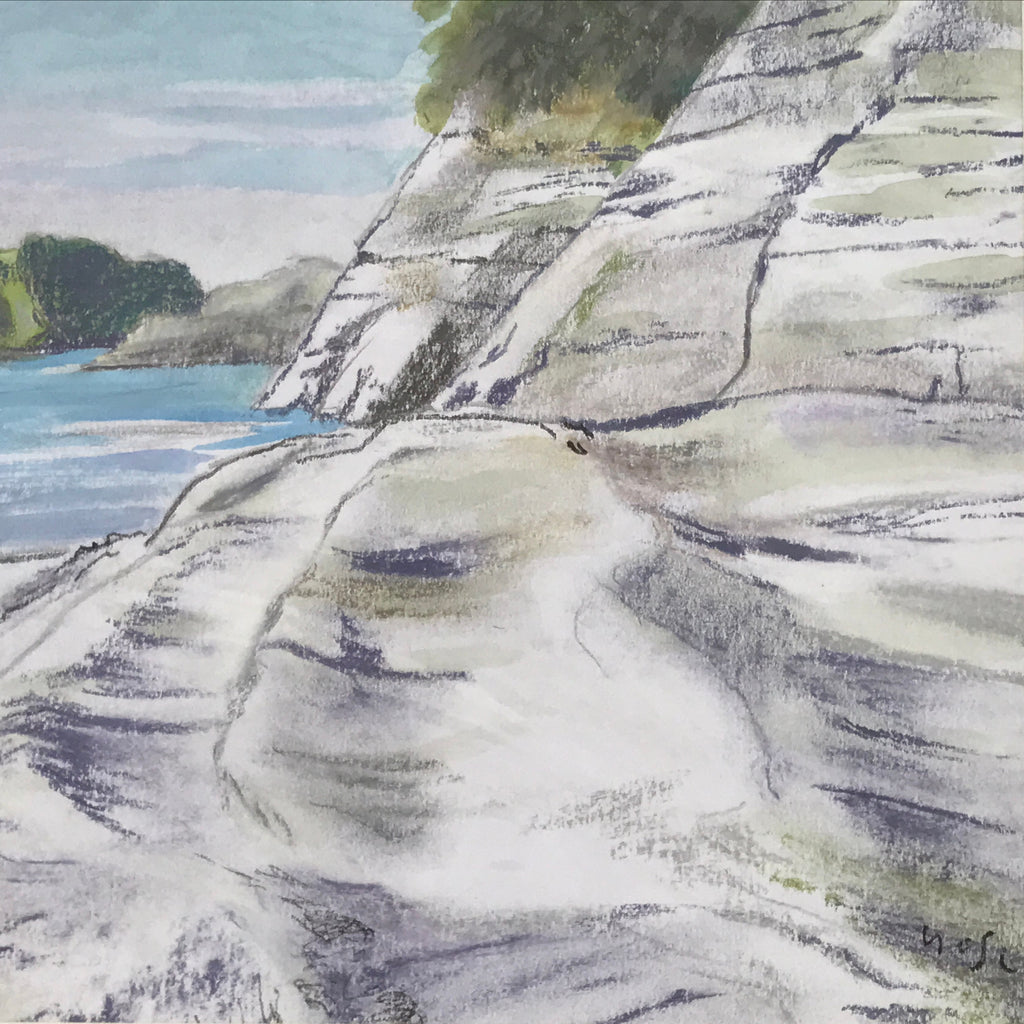 Japanese Rocky Cliff Coastline Pastel Drawing Art Signed Yoshihiro Hagino FL333