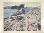 Japanese Rocky Cliff Coastline Pastel Drawing Art Signed Yoshihiro Hagino FL334