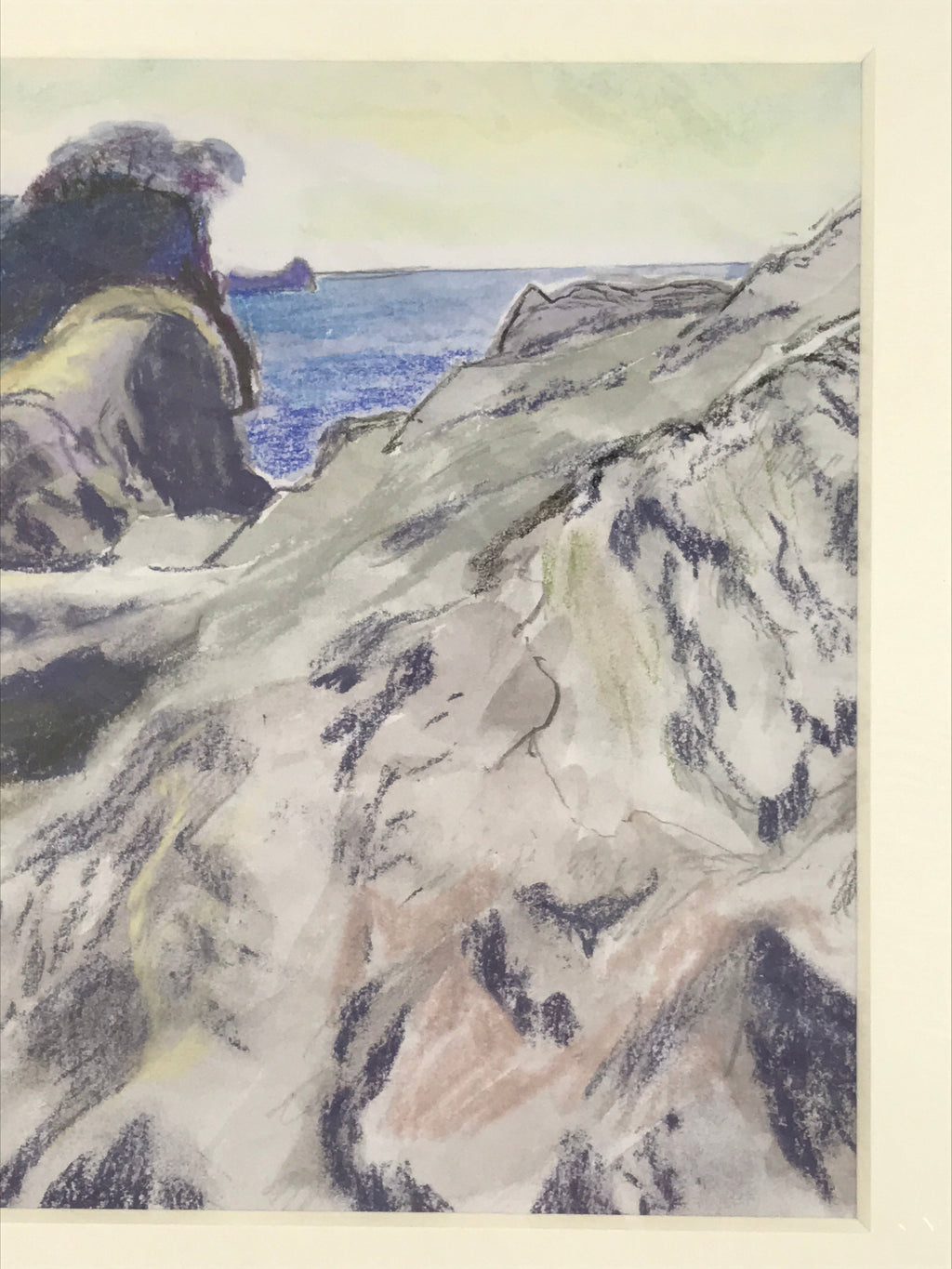 Japanese Rocky Cliff Coastline Pastel Drawing Art Signed Yoshihiro Hagino FL334