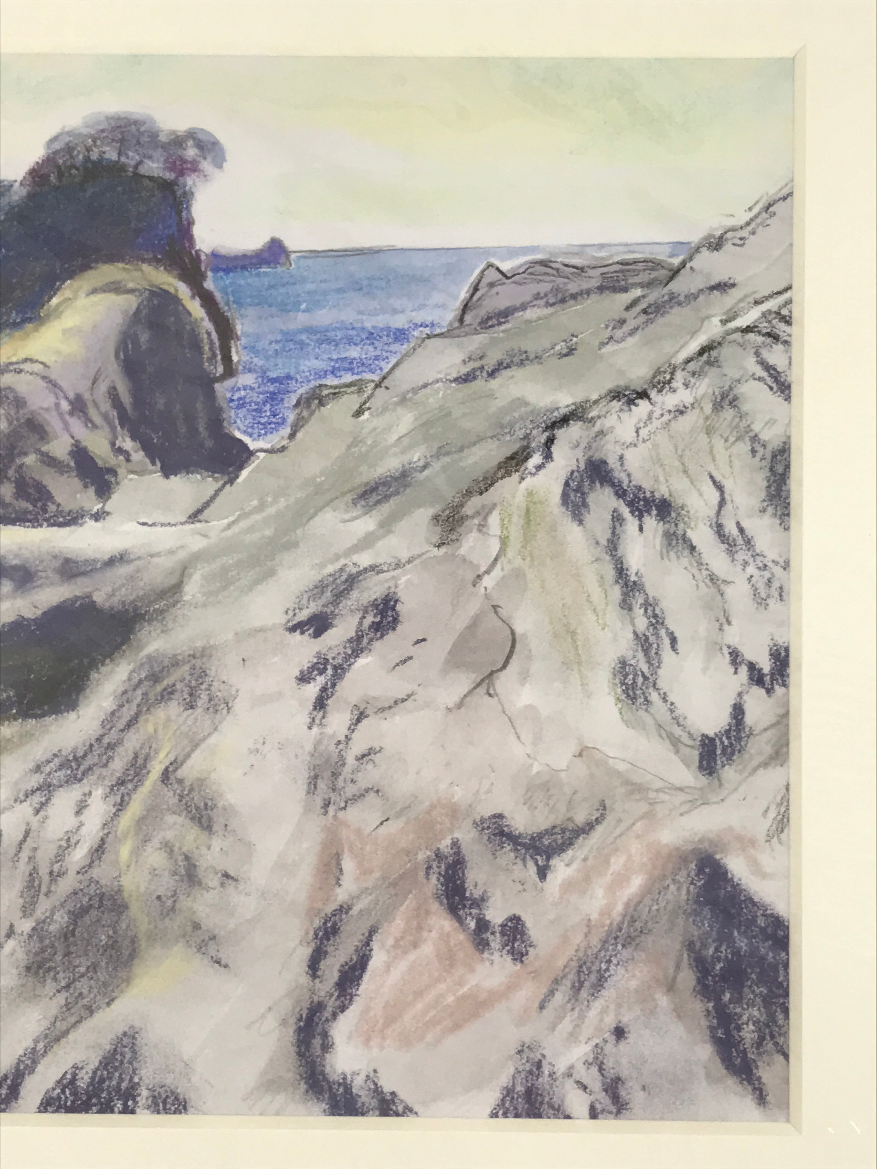 Japanese Rocky Cliff Coastline Pastel Drawing Art Signed Yoshihiro Hagino FL334