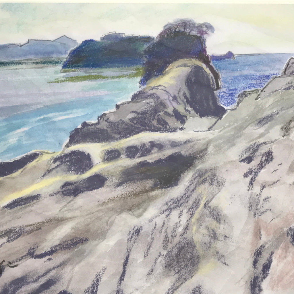 Japanese Rocky Cliff Coastline Pastel Drawing Art Signed Yoshihiro Hagino FL334