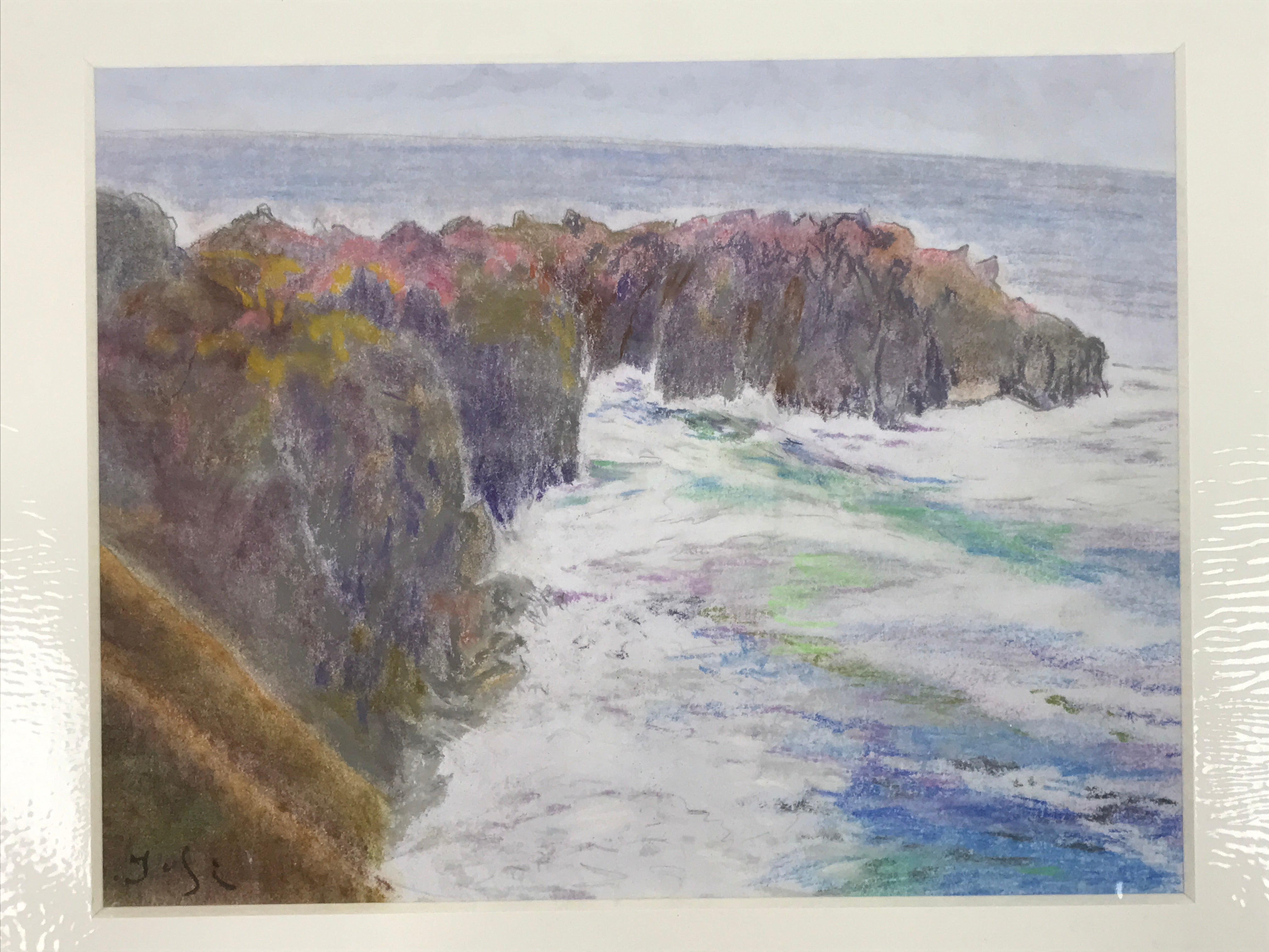 Japanese Rocky Coastal Cliffs Pastel Drawing Art Signed Yoshihiro Hagino FL343