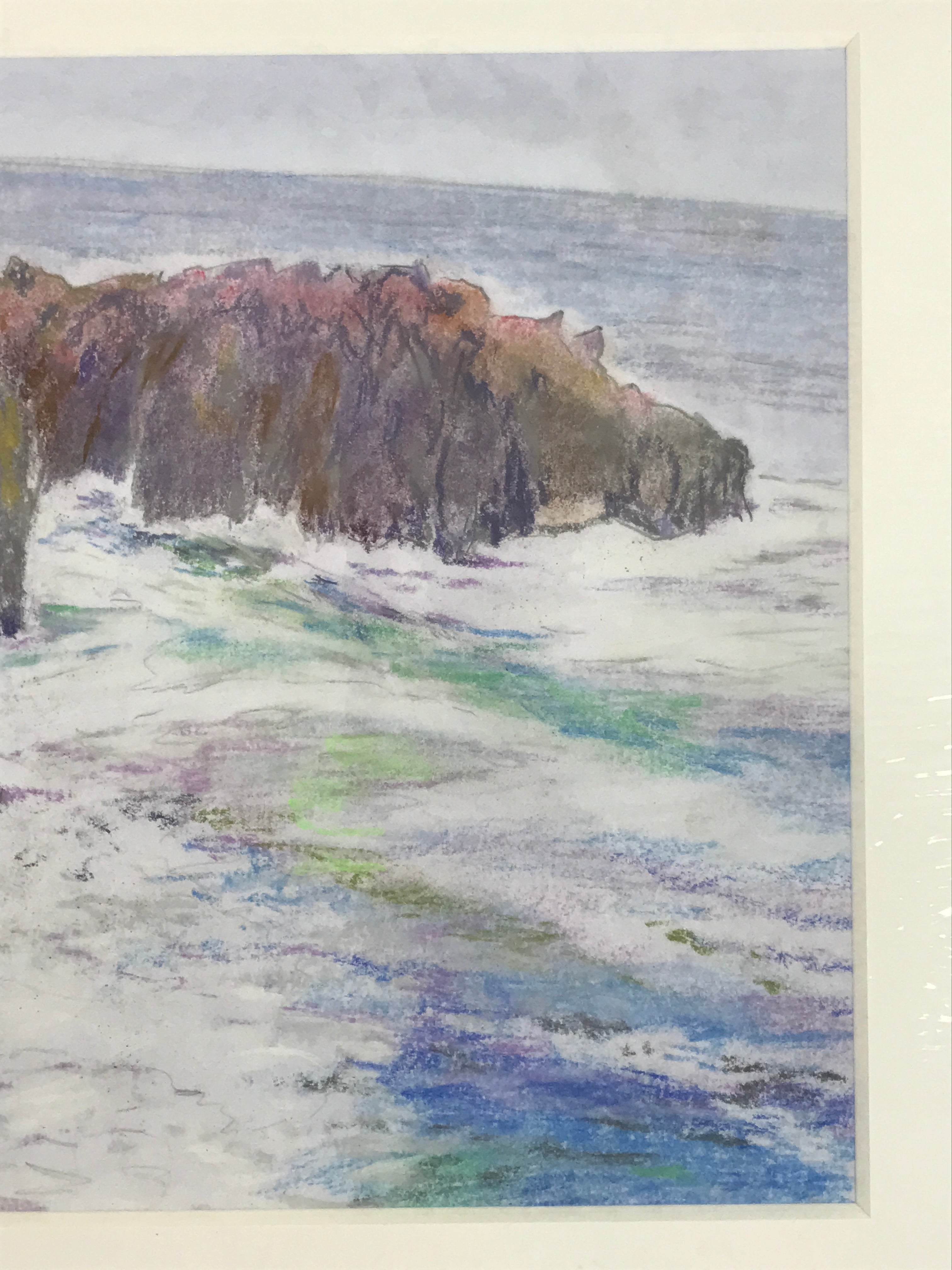 Japanese Rocky Coastal Cliffs Pastel Drawing Art Signed Yoshihiro Hagino FL343