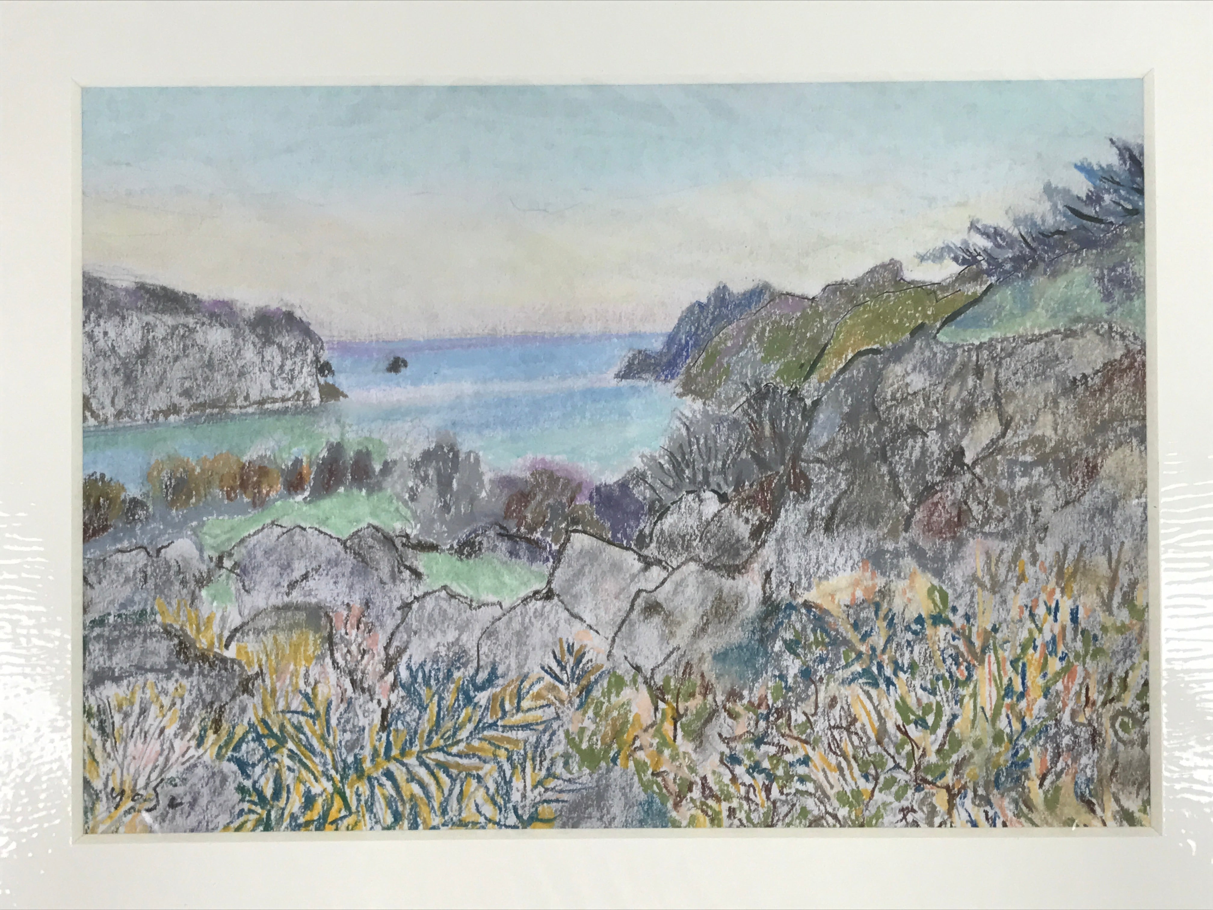 絵描きhiro C「アイランド」 Japanese Rocky Ocean Coastline Pastel Drawing Art Signed Yoshihiro