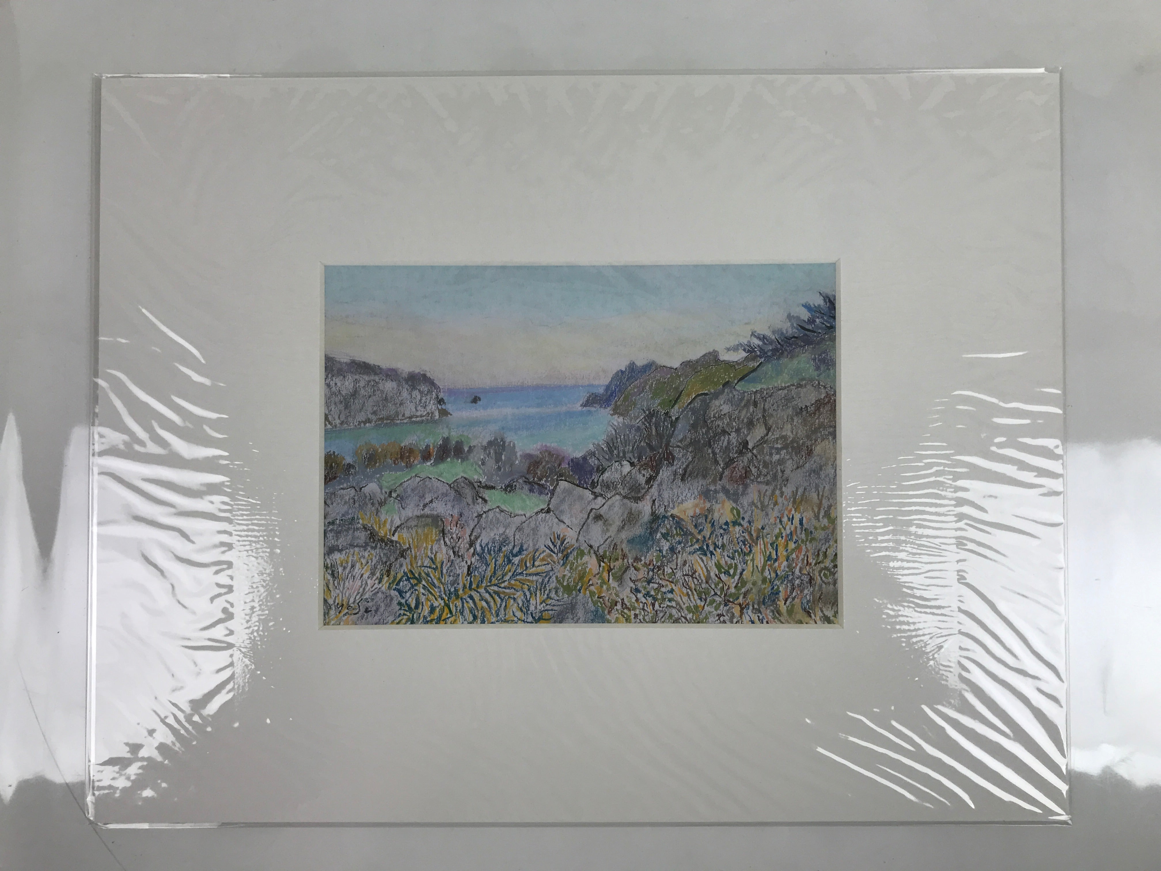 絵描きhiro C「アイランド」 Japanese Rocky Ocean Coastline Pastel Drawing Art Signed Yoshihiro