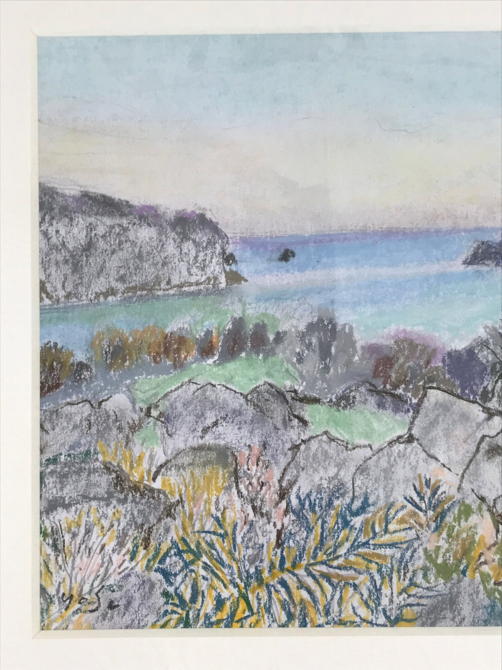 Japanese Rocky Ocean Coastline Pastel Drawing Art Signed Yoshihiro Hagino FL313