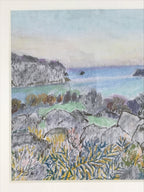 Japanese Rocky Ocean Coastline Pastel Drawing Art Signed Yoshihiro Hagino FL313