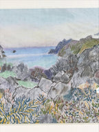 Japanese Rocky Ocean Coastline Pastel Drawing Art Signed Yoshihiro Hagino FL313