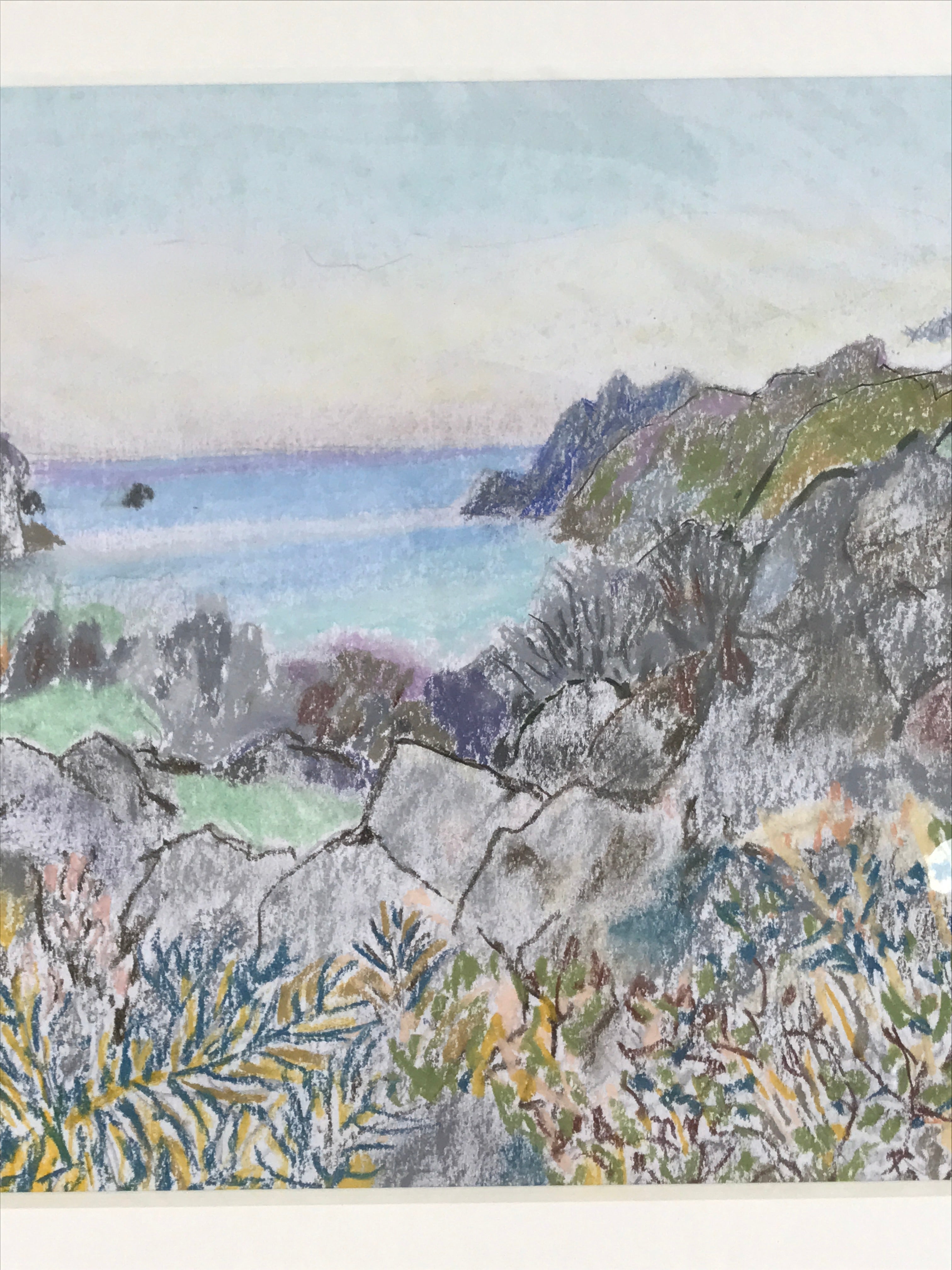 Japanese Rocky Ocean Coastline Pastel Drawing Art Signed Yoshihiro Hagino FL313