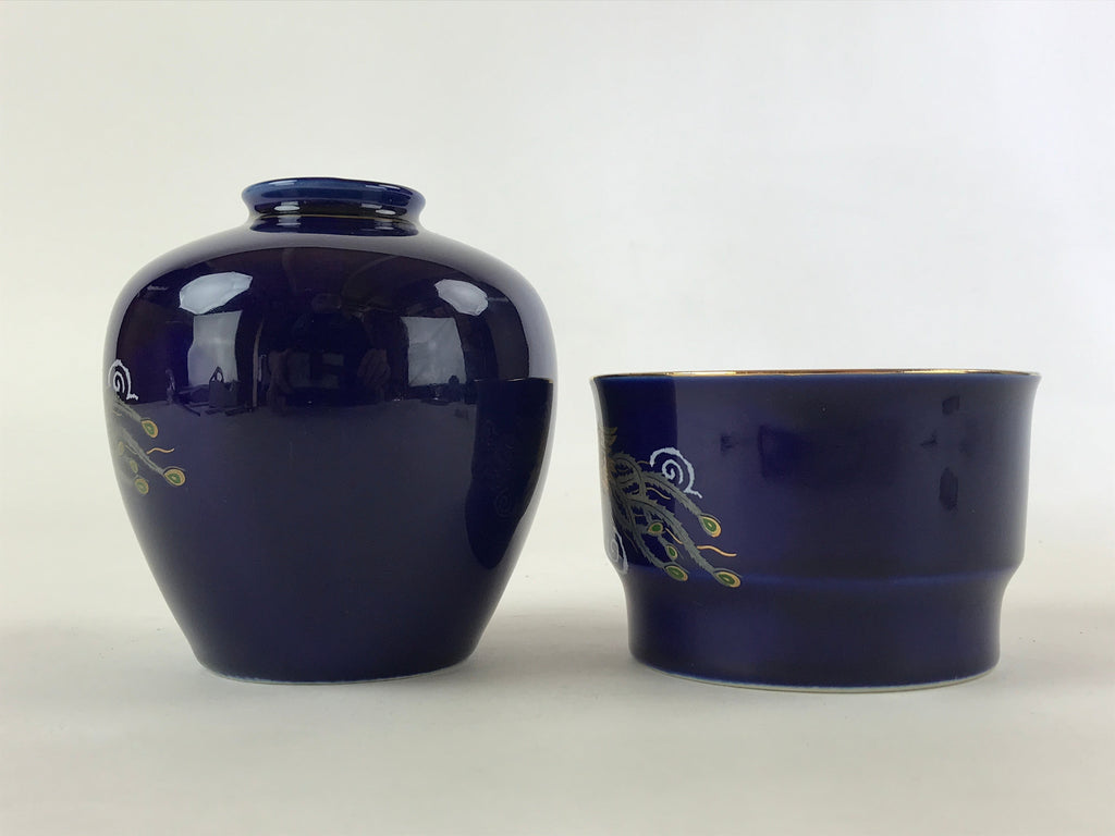 Japanese Round Vase Ashtray Set Vtg Cobalt Blue Peacock Wood Box Kabin PX706