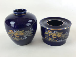 Japanese Round Vase Ashtray Set Vtg Cobalt Blue Peacock Wood Box Kabin PX706