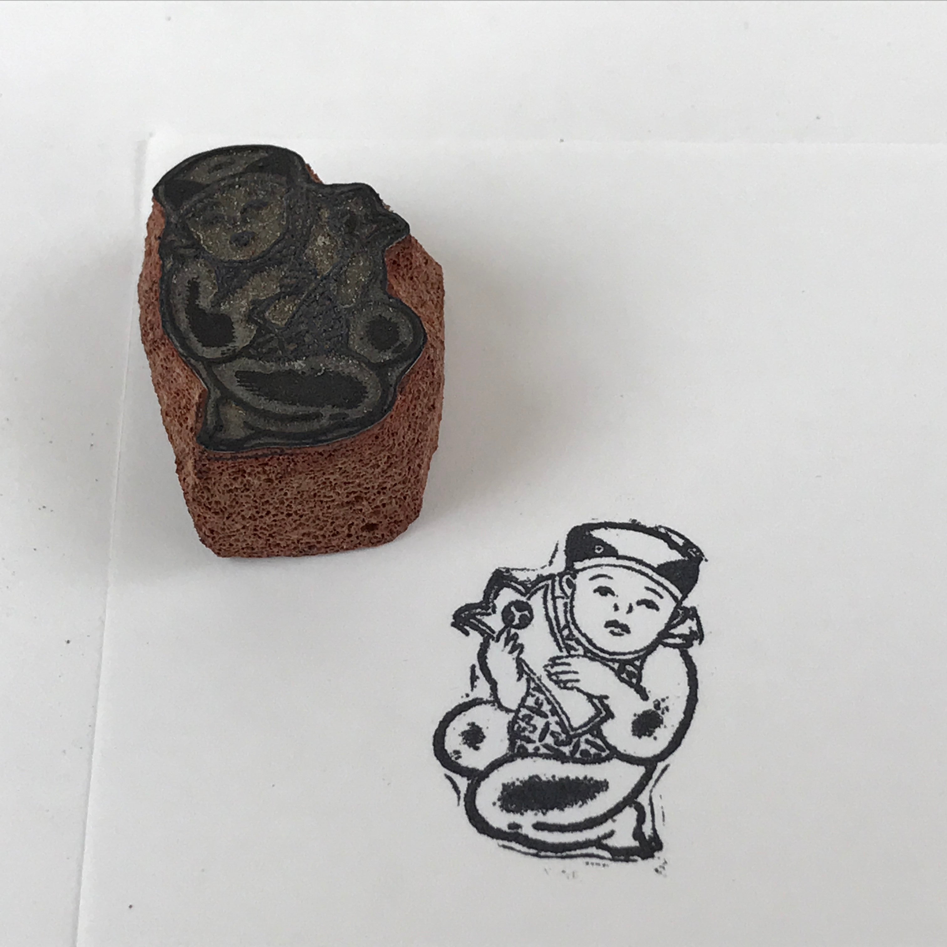 Japanese Rubber Stamp Child Holding Object Vtg Sponge Base Stationary HS230
