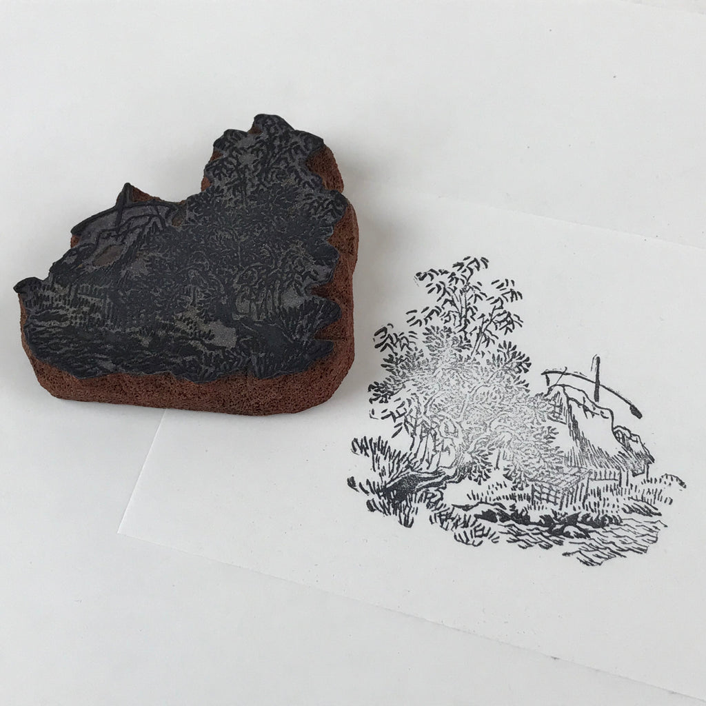 Japanese Rubber Stamp Houses Trees Vtg Scenery Sponge Base Stationary HS286