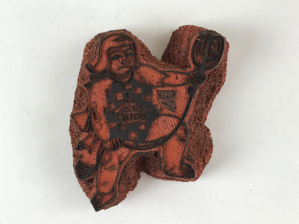 Japanese Rubber Stamp Man Holding Gunbai Vtg Sponge Base Stationary HS277