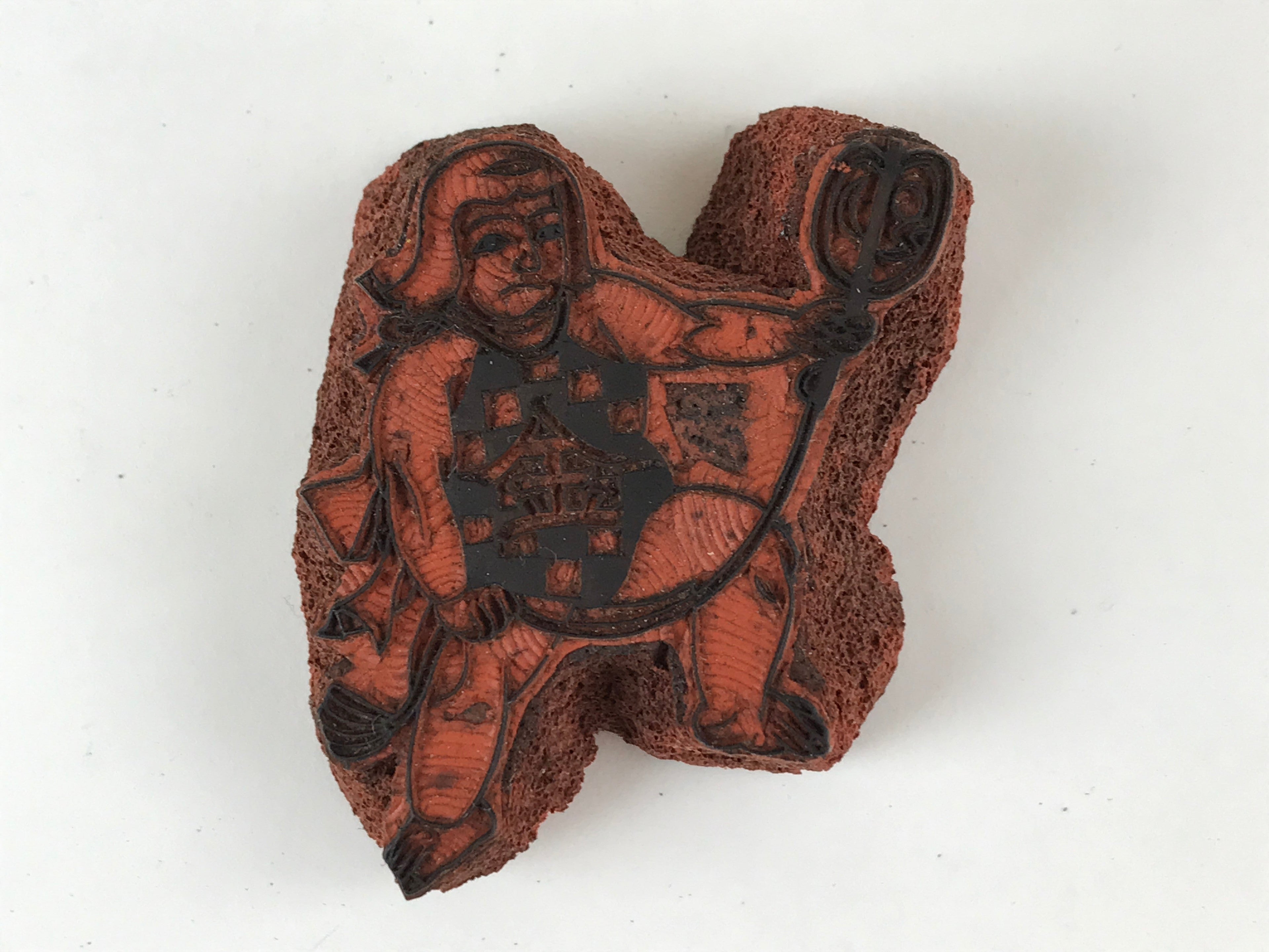 Japanese Rubber Stamp Man Holding Gunbai Vtg Sponge Base Stationary HS277
