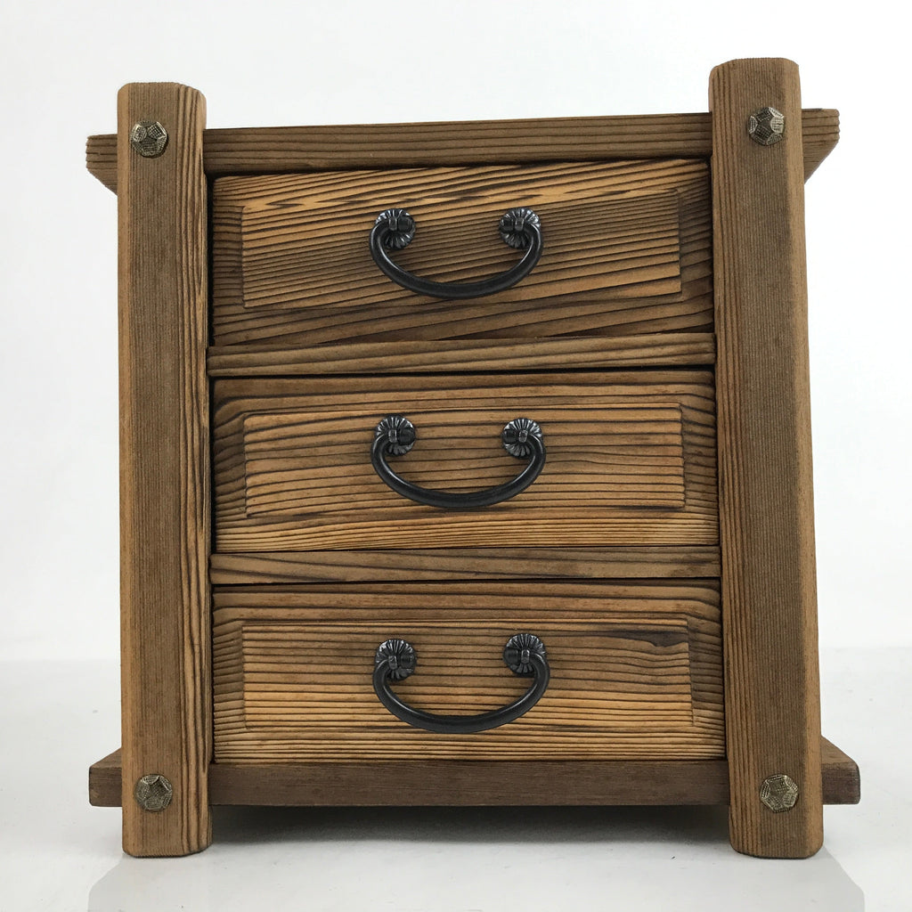 Japanese Rustic Wood Tansu Storage Chest Vtg Haribako Trinket Box 3 Drawer T393