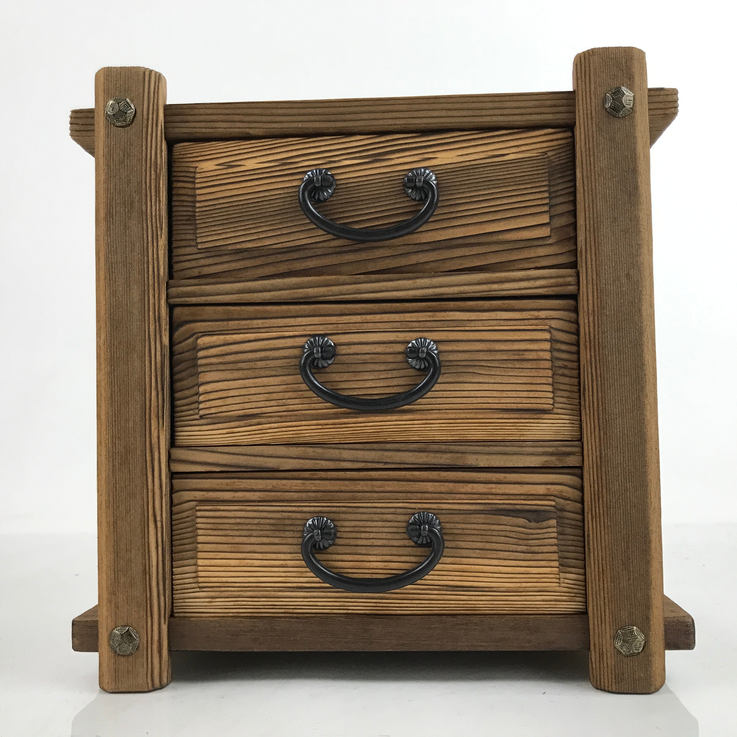 Japanese Rustic Wood Tansu Storage Chest Vtg Haribako Trinket Box 3 Drawer T393