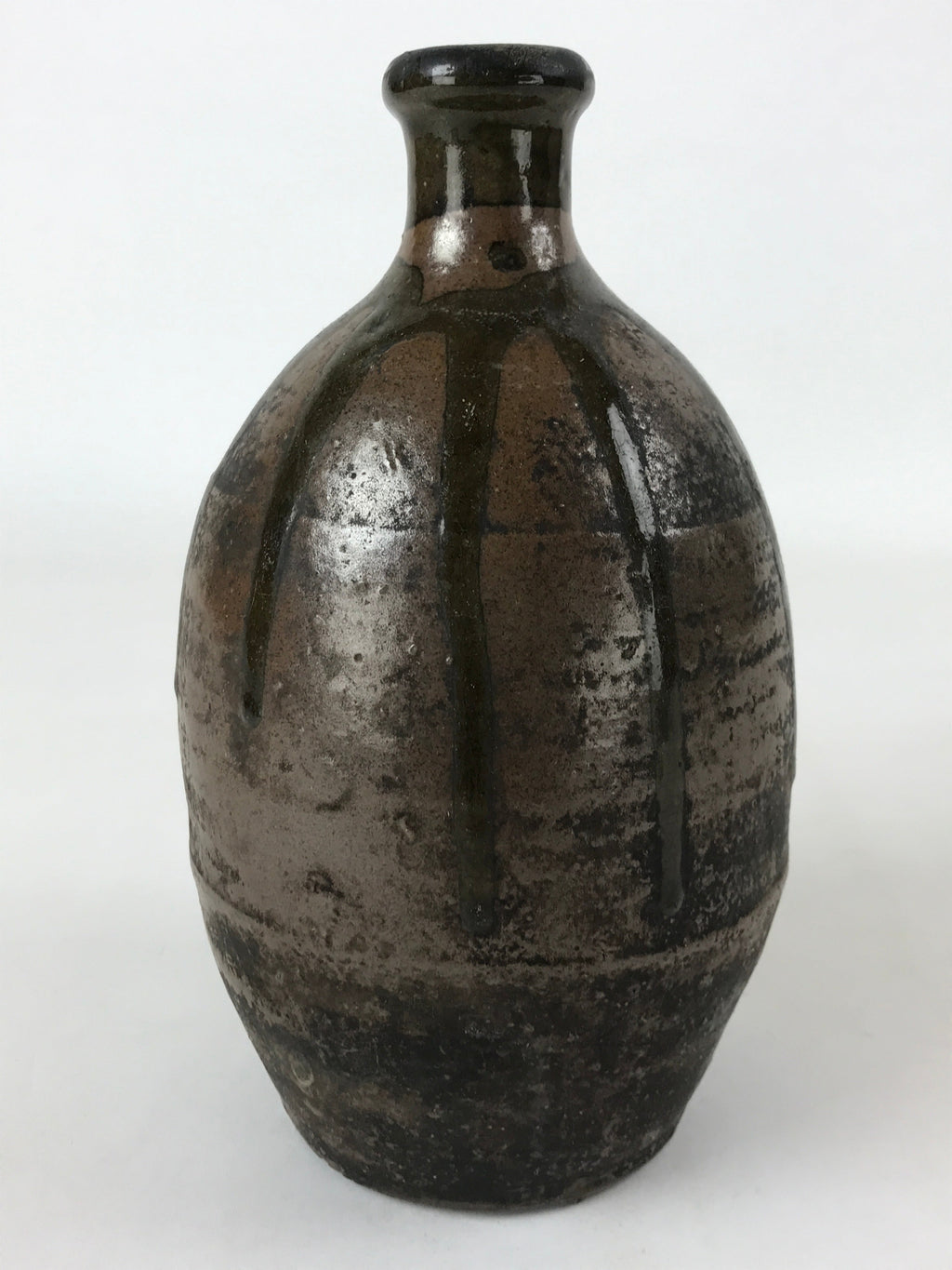 Japanese Sake Bottle Ceramic Kayoi-Tokkuri Vtg Dark Brown Drip Glaze TS604