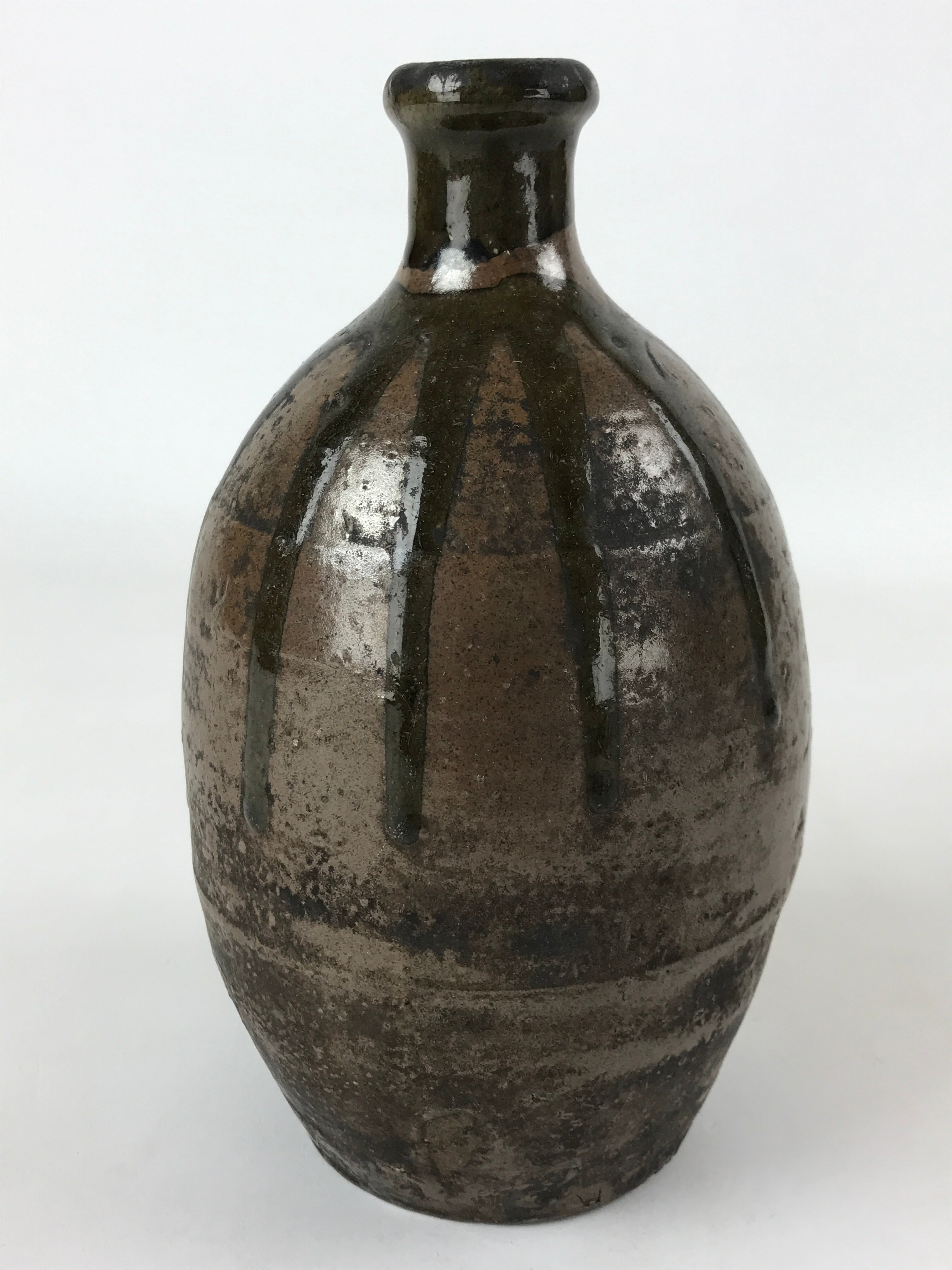 Japanese Sake Bottle Ceramic Kayoi-Tokkuri Vtg Dark Brown Drip Glaze TS604
