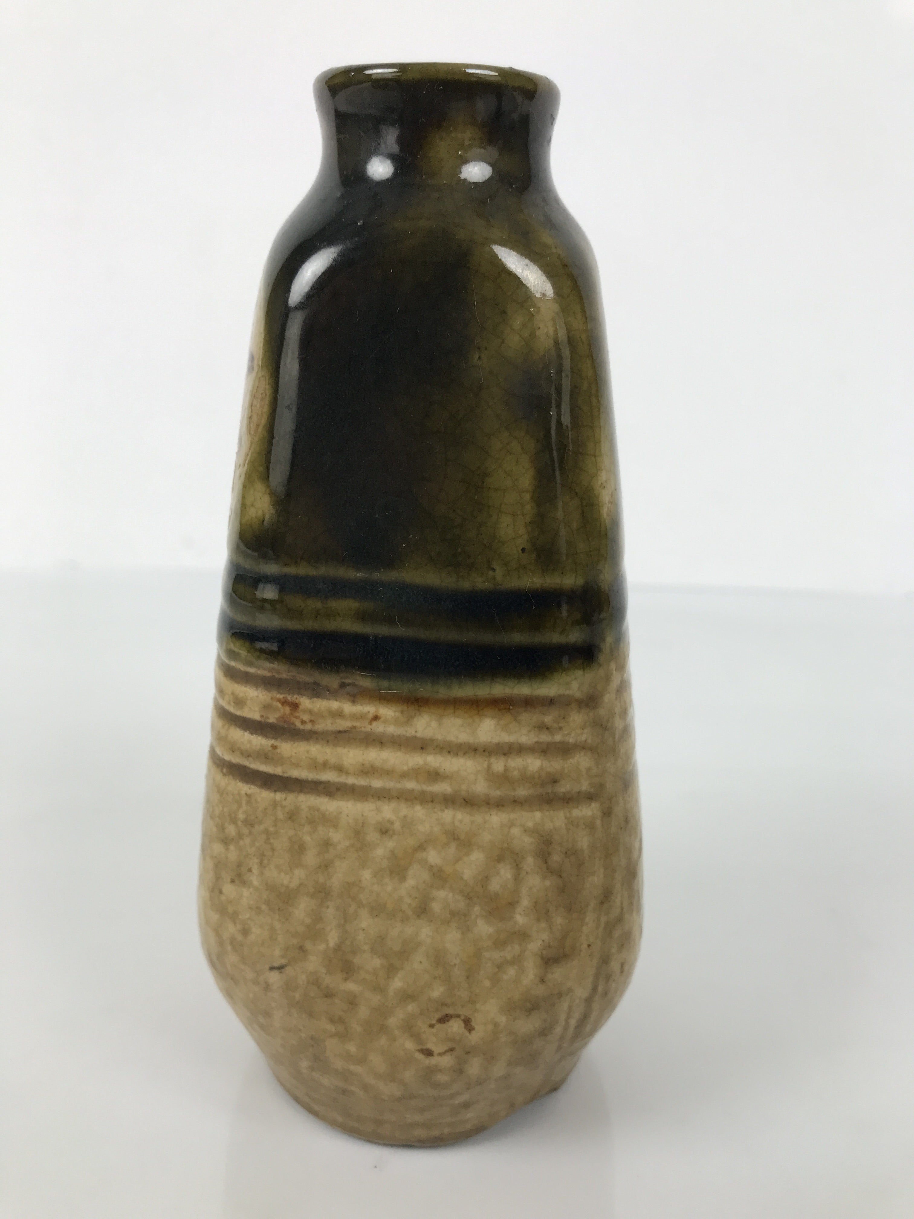 Japanese Sake Bottle Ceramic Oribe Tokkuri Vtg Ichi-Go Dark Green Flower TS890
