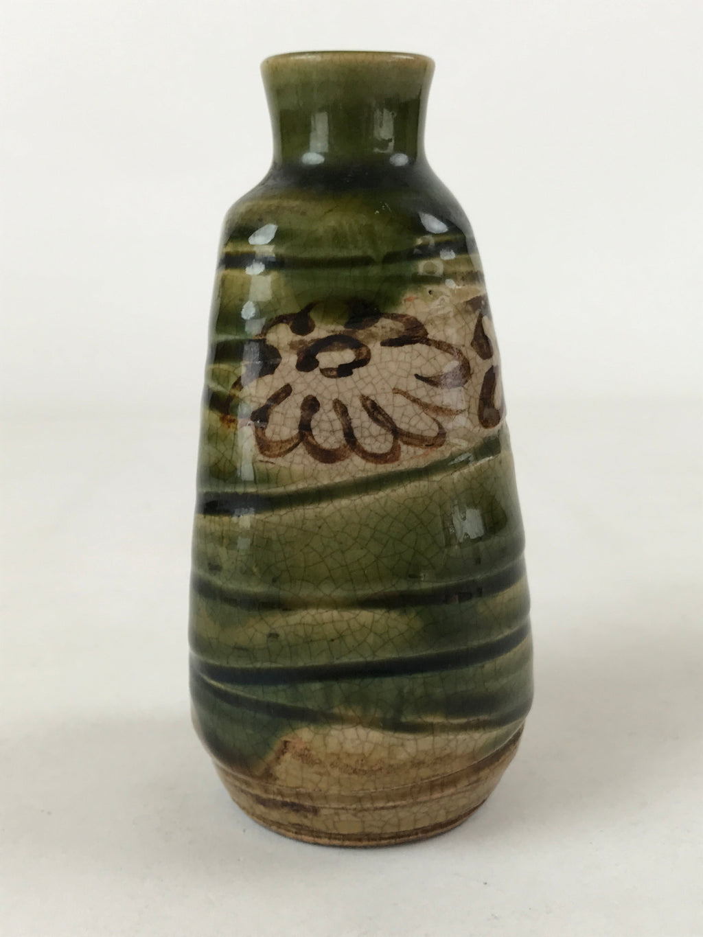 Japanese Sake Bottle Ceramic Oribe Tokkuri Vtg Ichi-Go Dark Green Flowers TS621