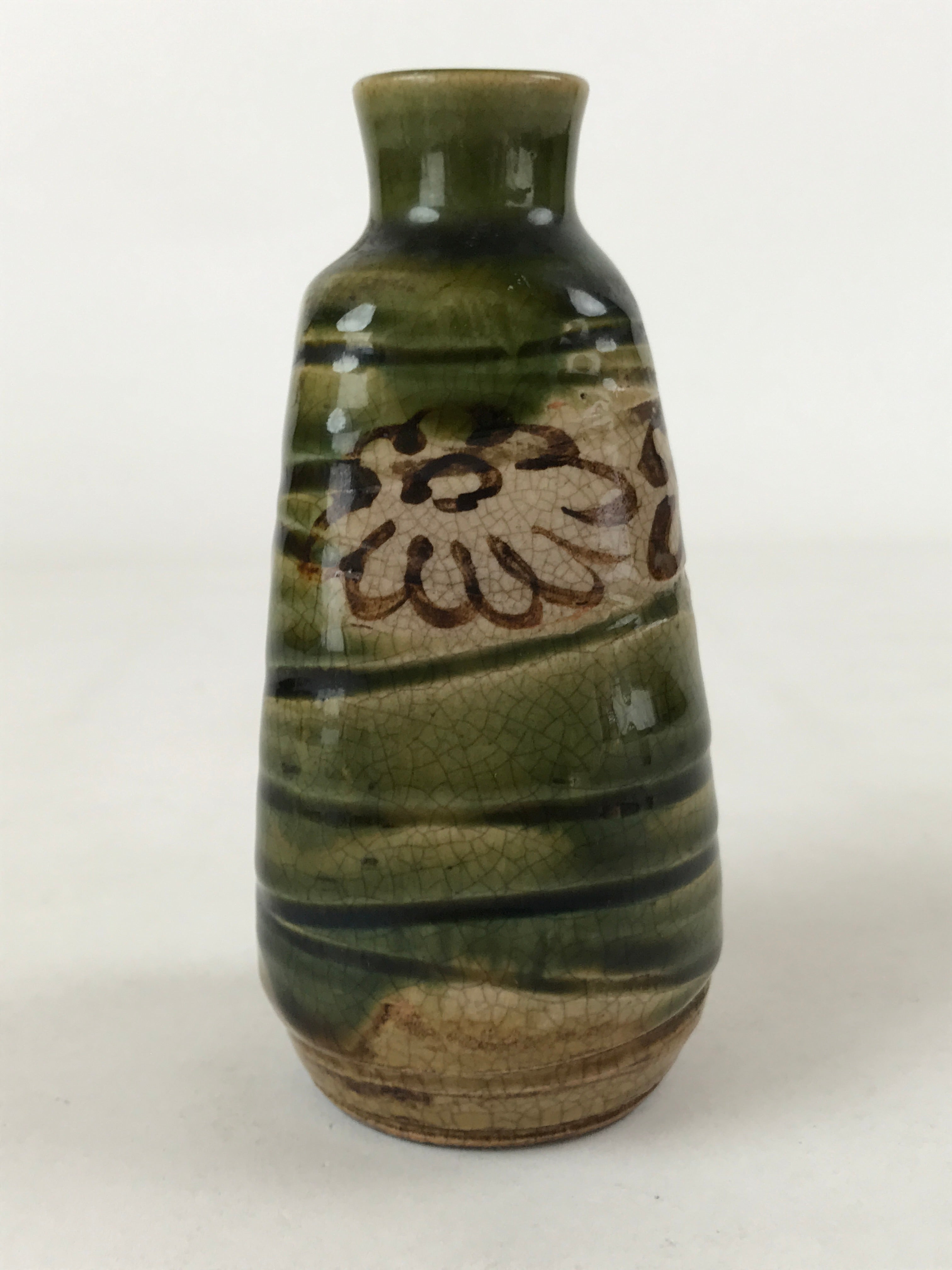 Japanese Sake Bottle Ceramic Oribe Tokkuri Vtg Ichi-Go Dark Green Flowers TS621