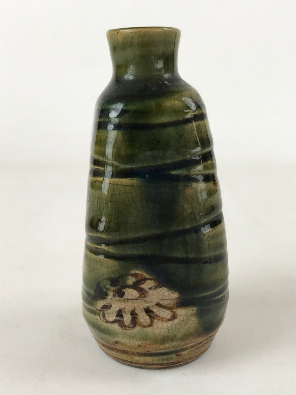 Japanese Sake Bottle Ceramic Oribe Tokkuri Vtg Ichi-Go Dark Green Flowers TS621
