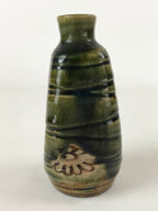 Japanese Sake Bottle Ceramic Oribe Tokkuri Vtg Ichi-Go Dark Green Flowers TS621
