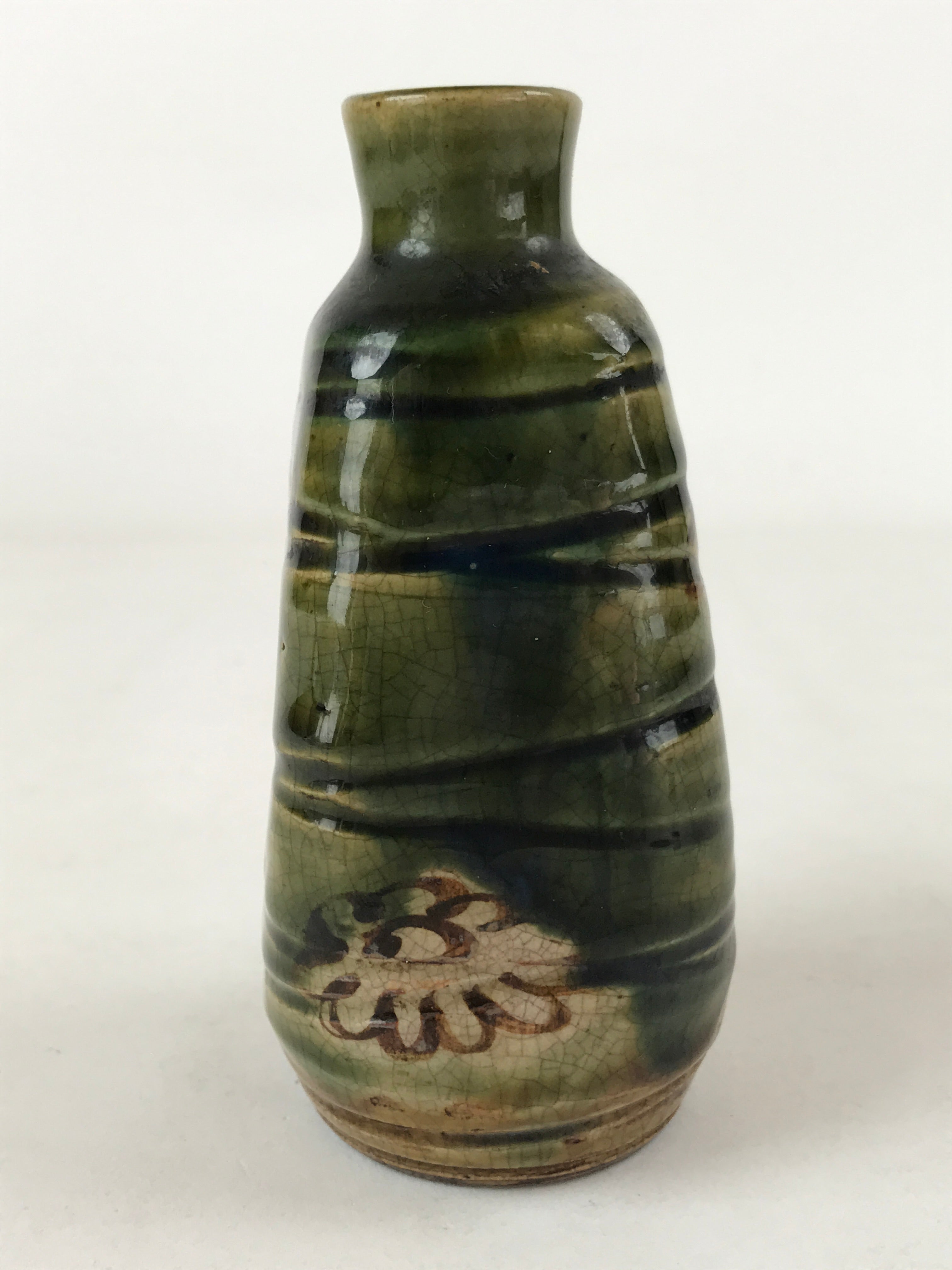 Japanese Sake Bottle Ceramic Oribe Tokkuri Vtg Ichi-Go Dark Green Flowers TS621