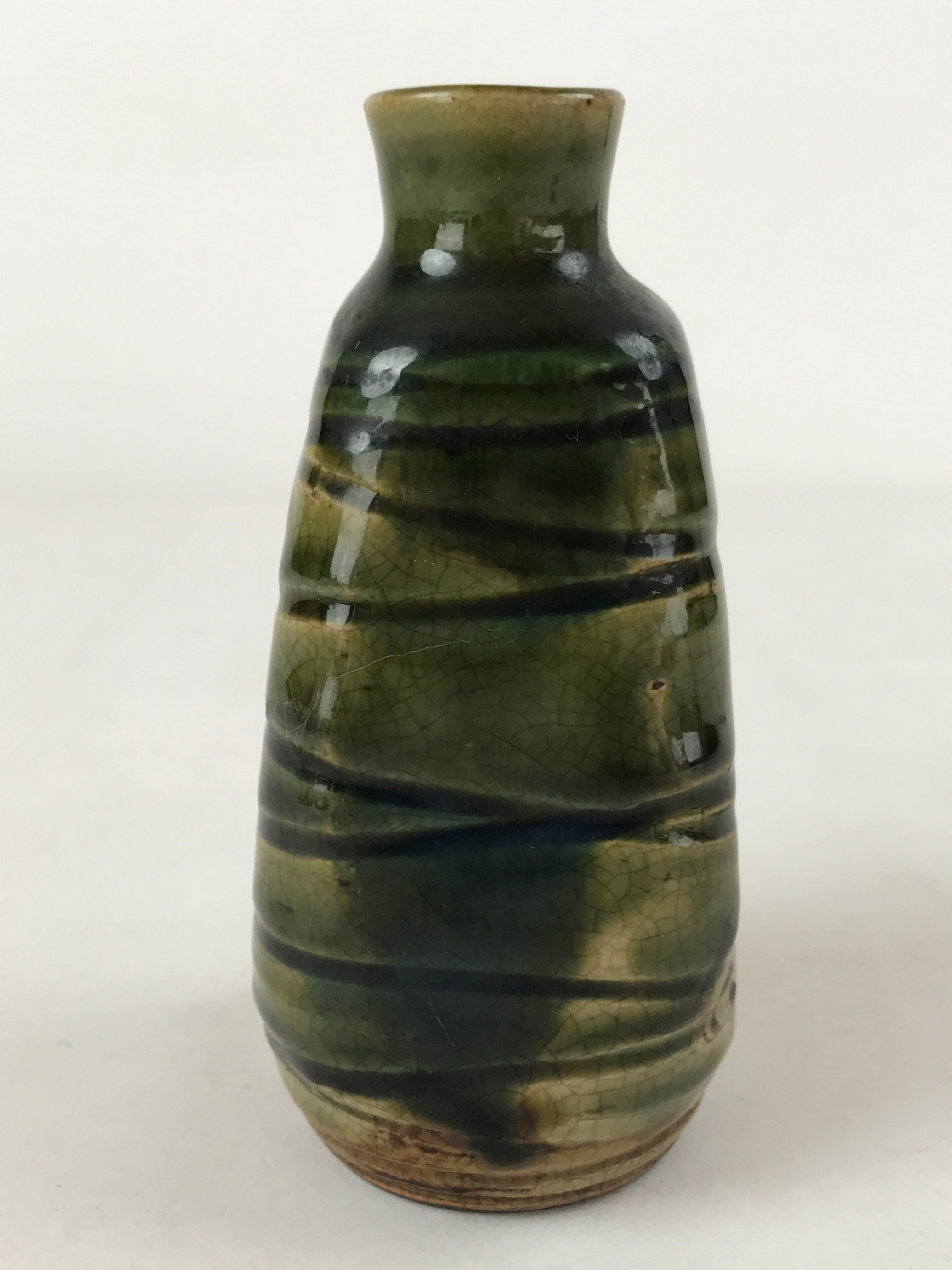 Japanese Sake Bottle Ceramic Oribe Tokkuri Vtg Ichi-Go Dark Green Flowers TS621