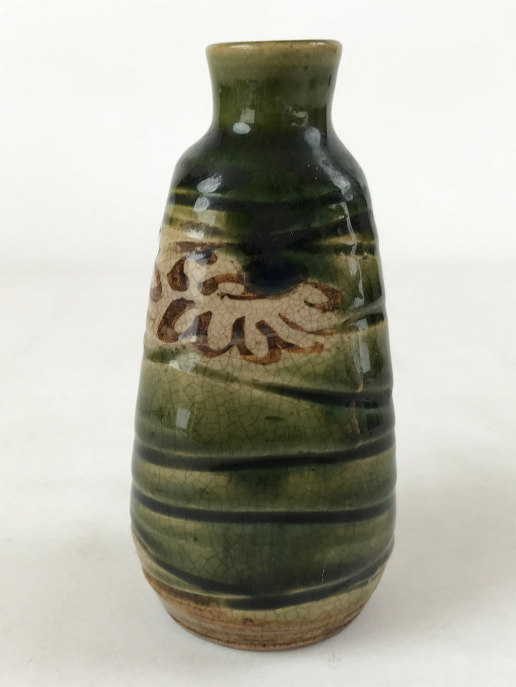 Japanese Sake Bottle Ceramic Oribe Tokkuri Vtg Ichi-Go Dark Green Flowers TS621