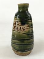 Japanese Sake Bottle Ceramic Oribe Tokkuri Vtg Ichi-Go Dark Green Flowers TS621