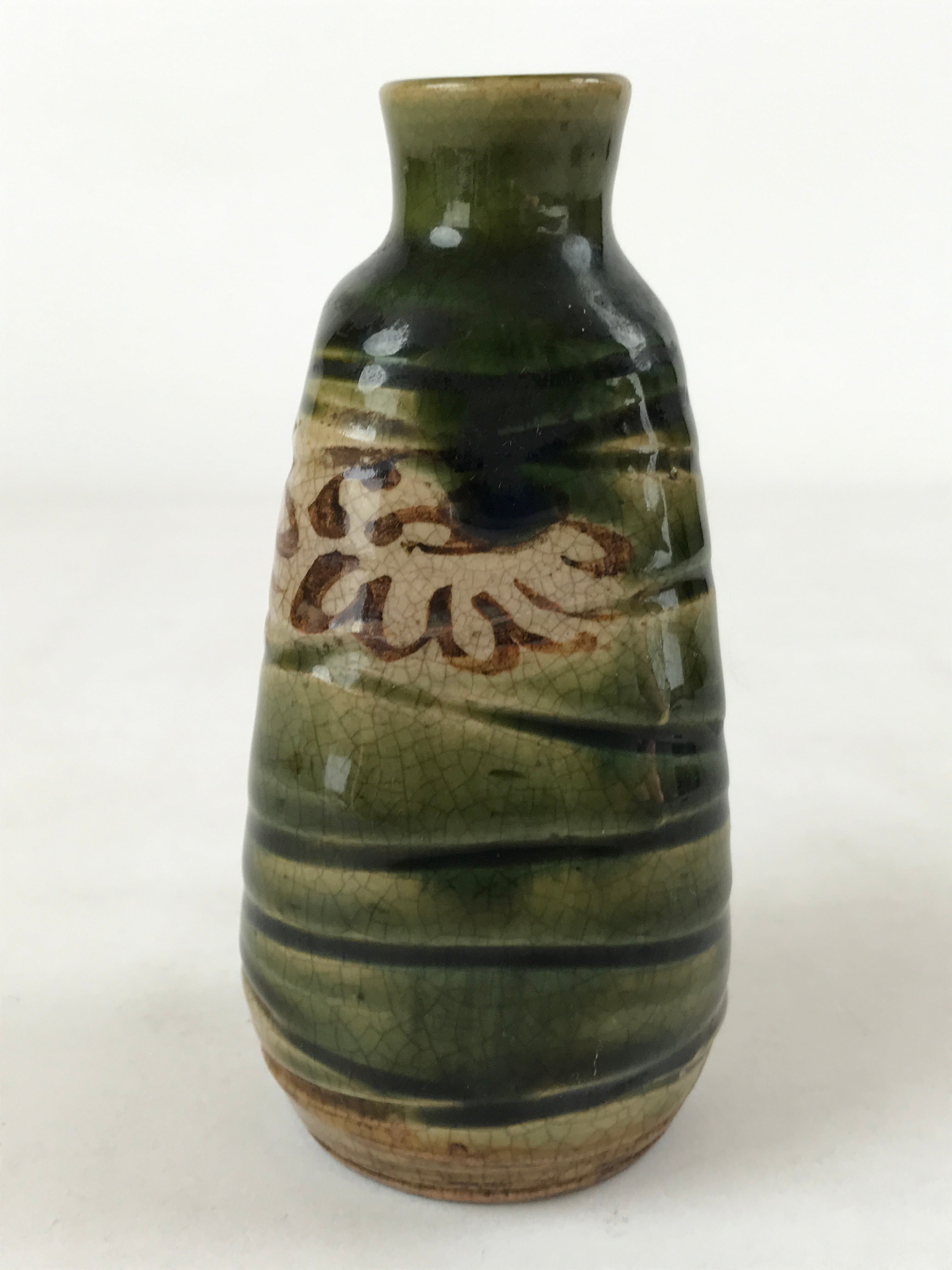 Japanese Sake Bottle Ceramic Oribe Tokkuri Vtg Ichi-Go Dark Green Flowers TS621