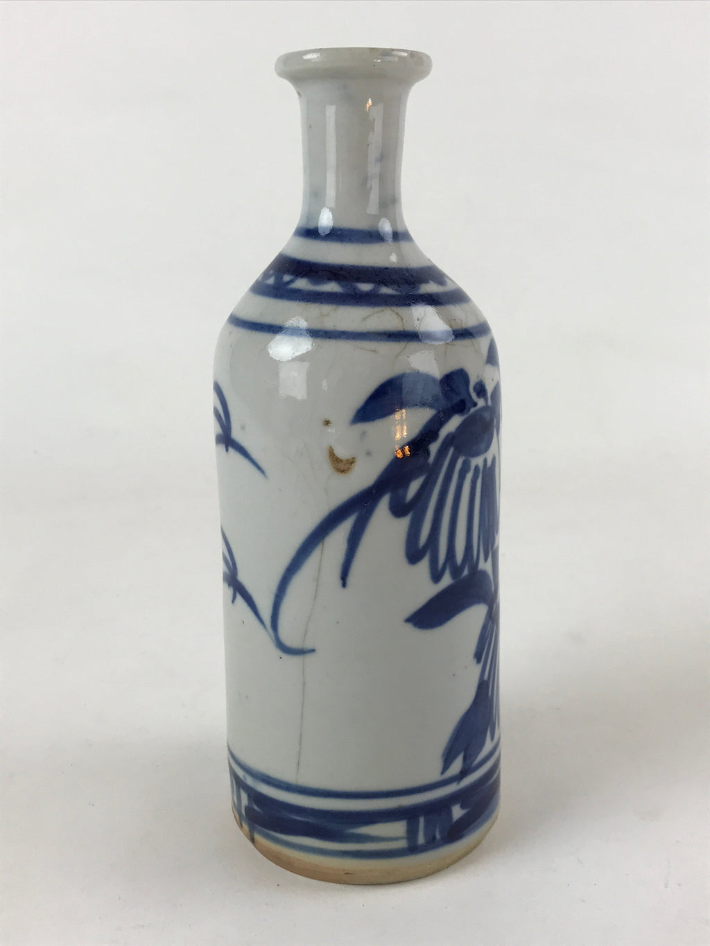 Japanese Sake Bottle Ceramic Tokkuri C1900 Flowers Sometsuke White Blue TS600