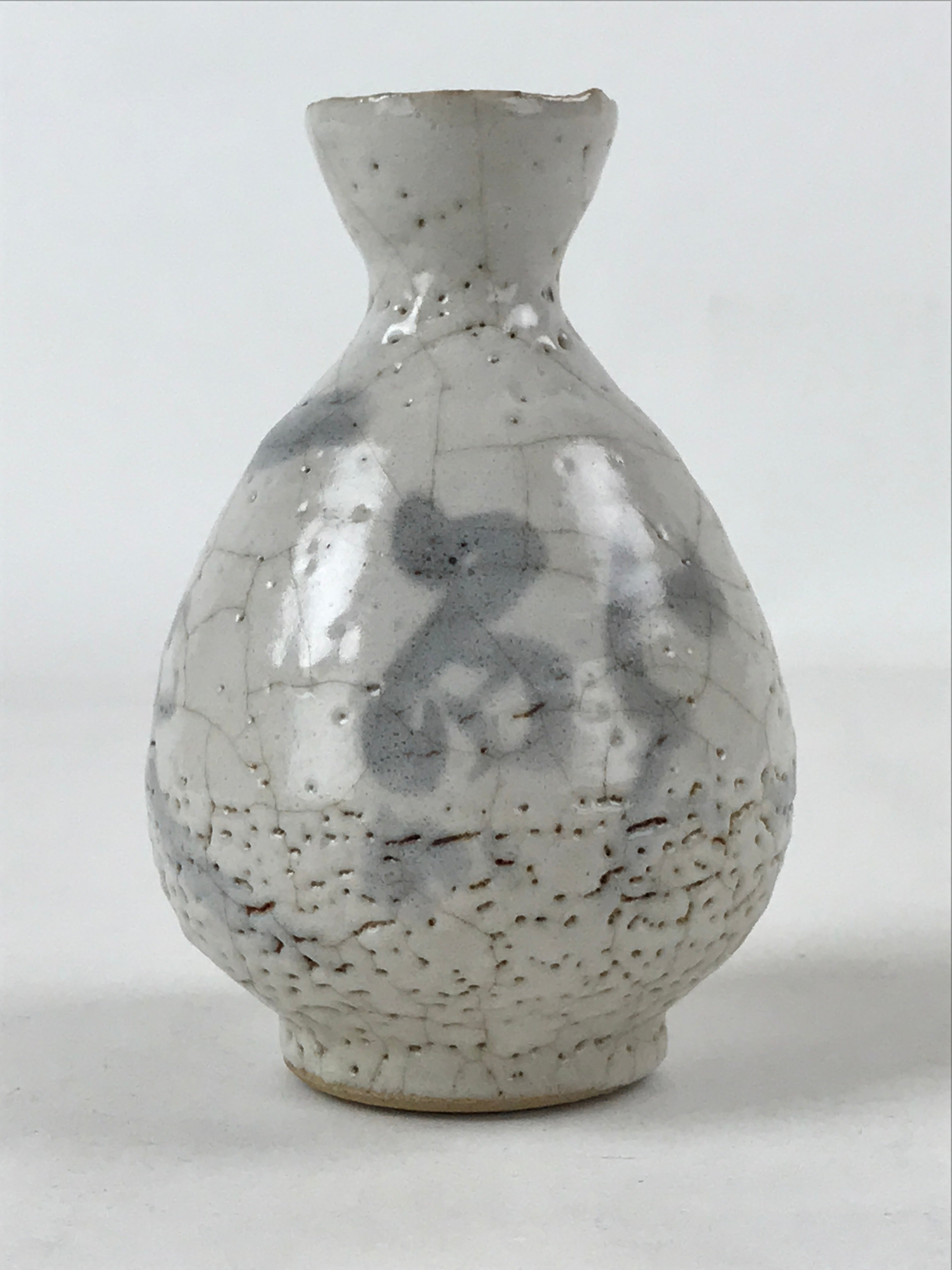 Japanese Sake Bottle Ceramic Tokkuri Vtg Light Gray Light Blue Ideograms TS594