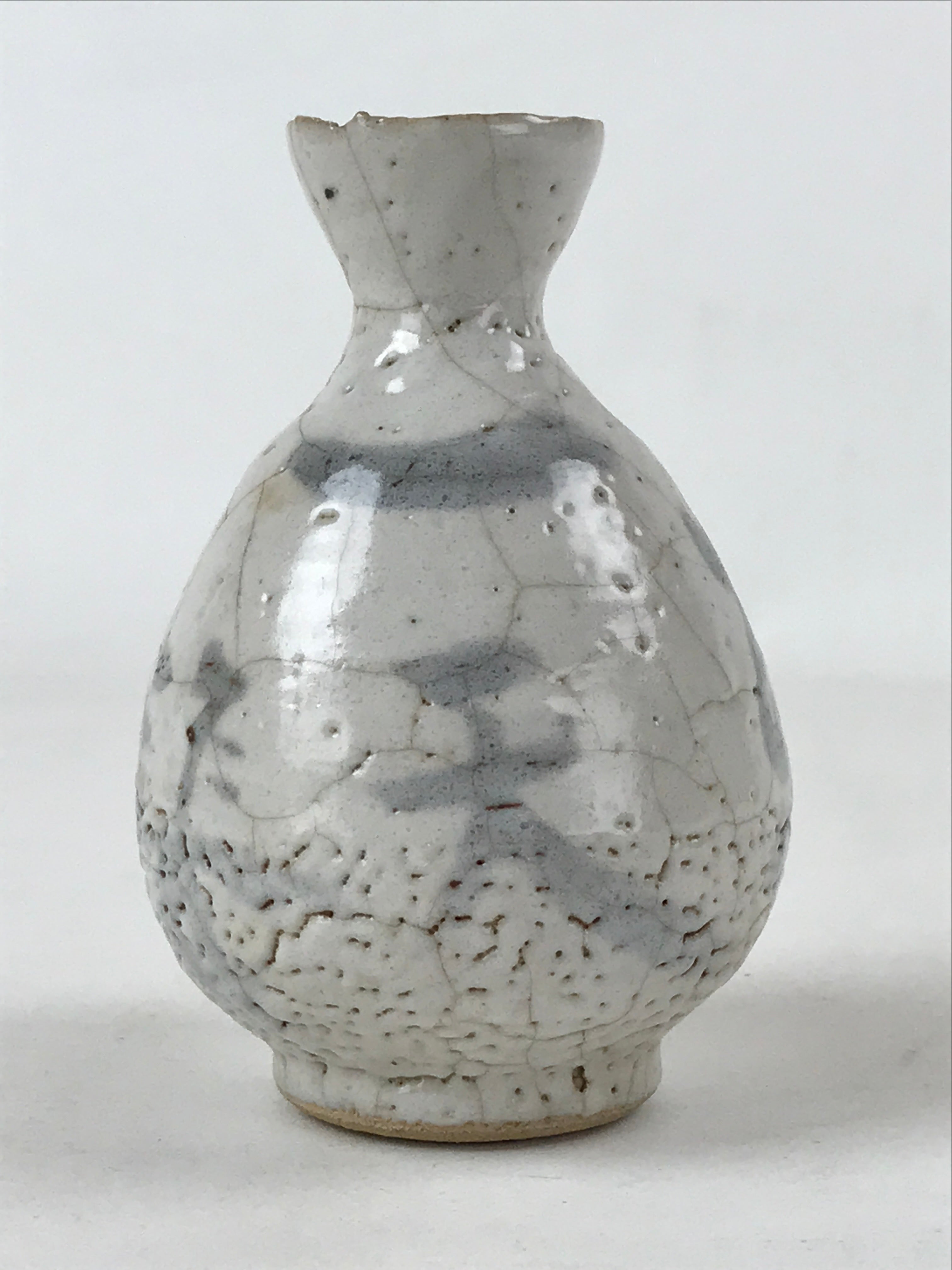 Japanese Sake Bottle Ceramic Tokkuri Vtg Light Gray Light Blue Ideograms TS594