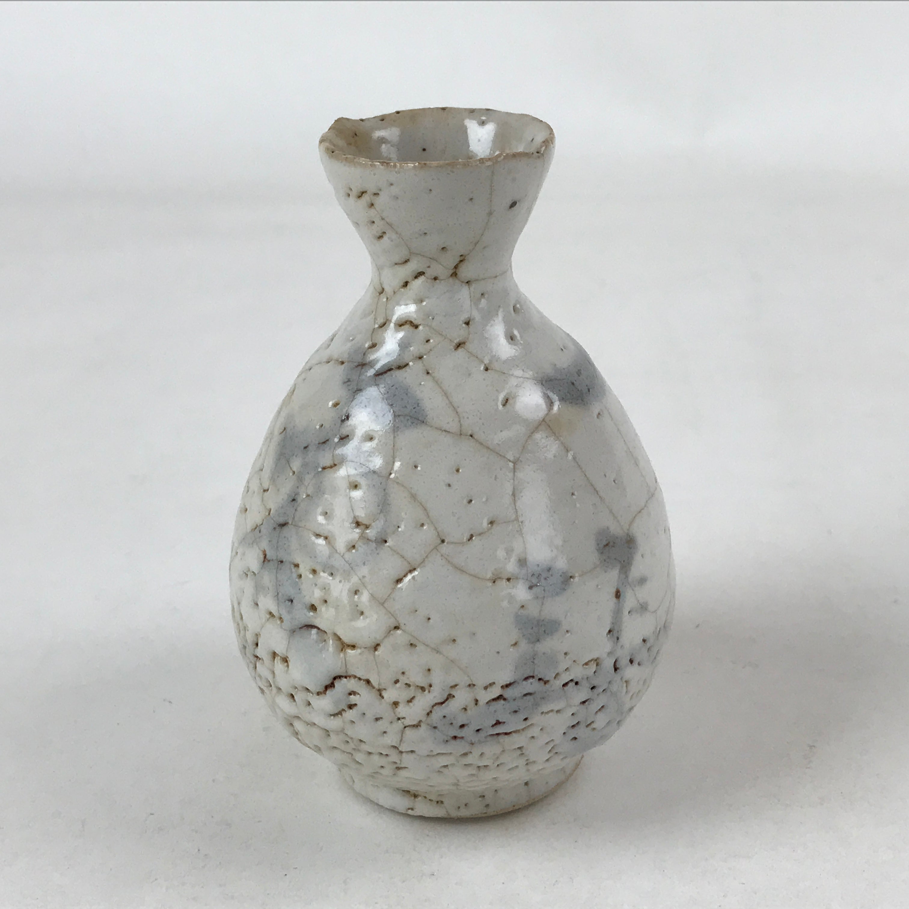 Japanese Sake Bottle Ceramic Tokkuri Vtg Light Gray Light Blue Ideograms TS594