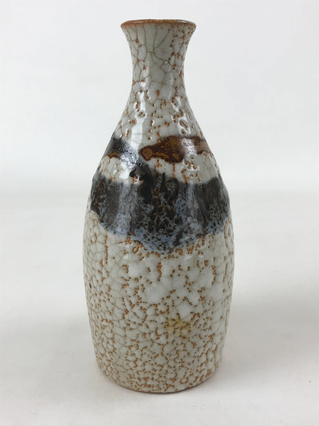 Japanese Sake Bottle Ceramic Tokkuri Vtg Shino Ware White Brown Glaze TS611