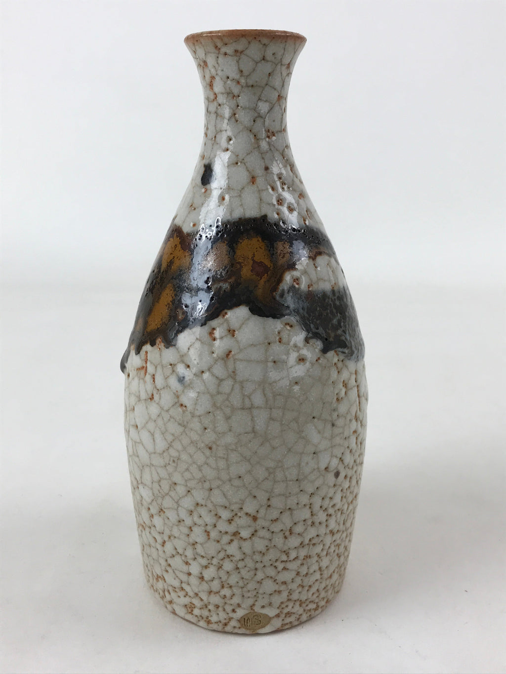 Japanese Sake Bottle Ceramic Tokkuri Vtg Shino Ware White Brown Glaze TS611
