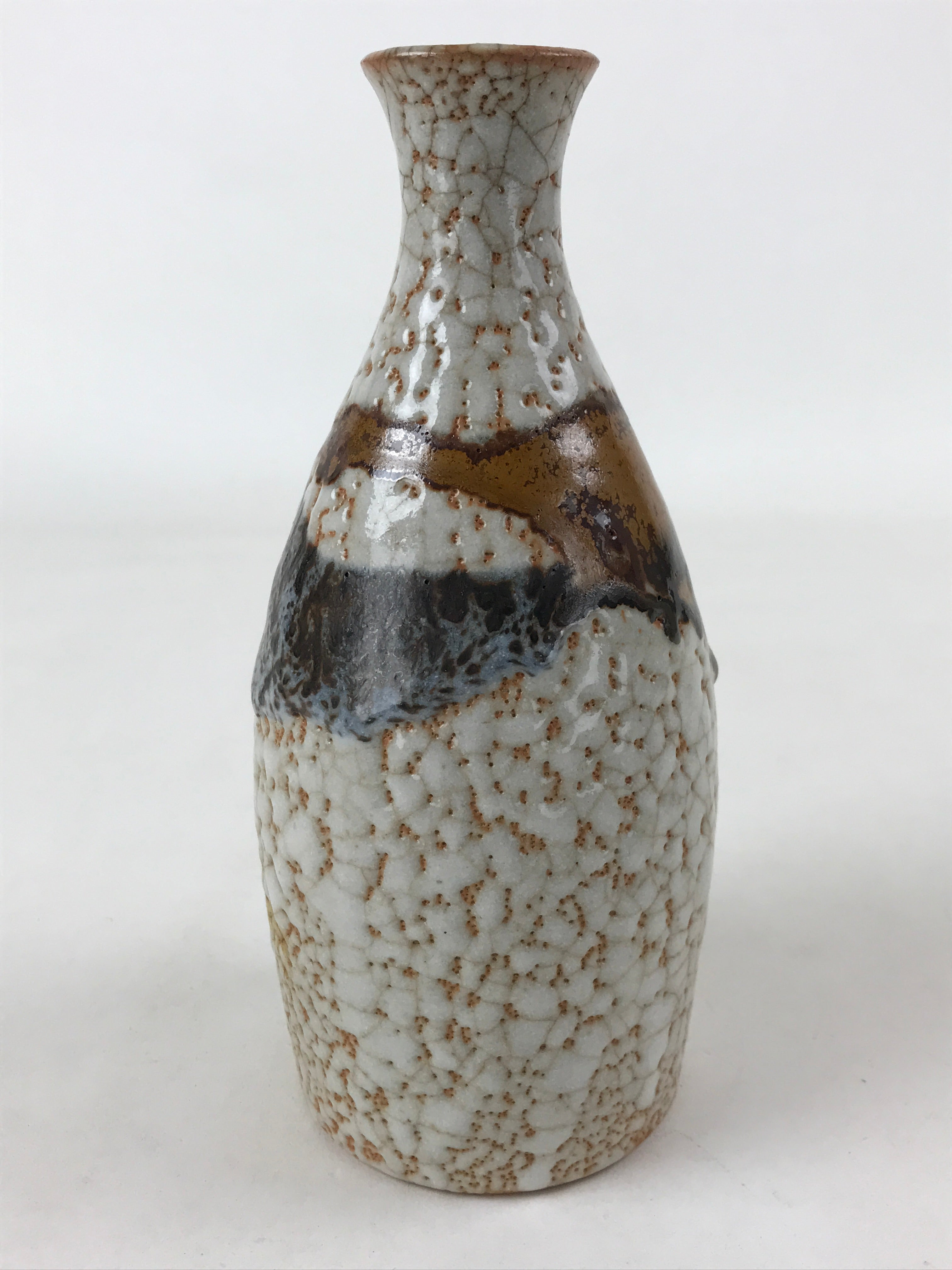 Japanese Sake Bottle Ceramic Tokkuri Vtg Shino Ware White Brown Glaze TS611
