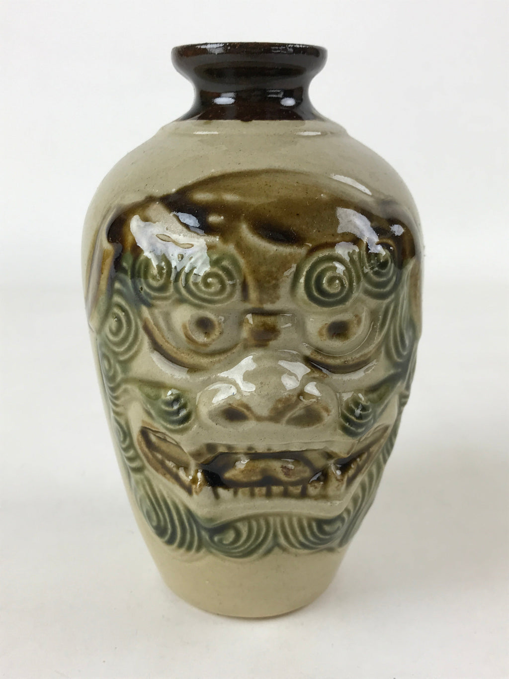 Japanese Sake Bottle Ceramic Tokkuri Vtg Shishi Lion Dragon Brown Beige TS601