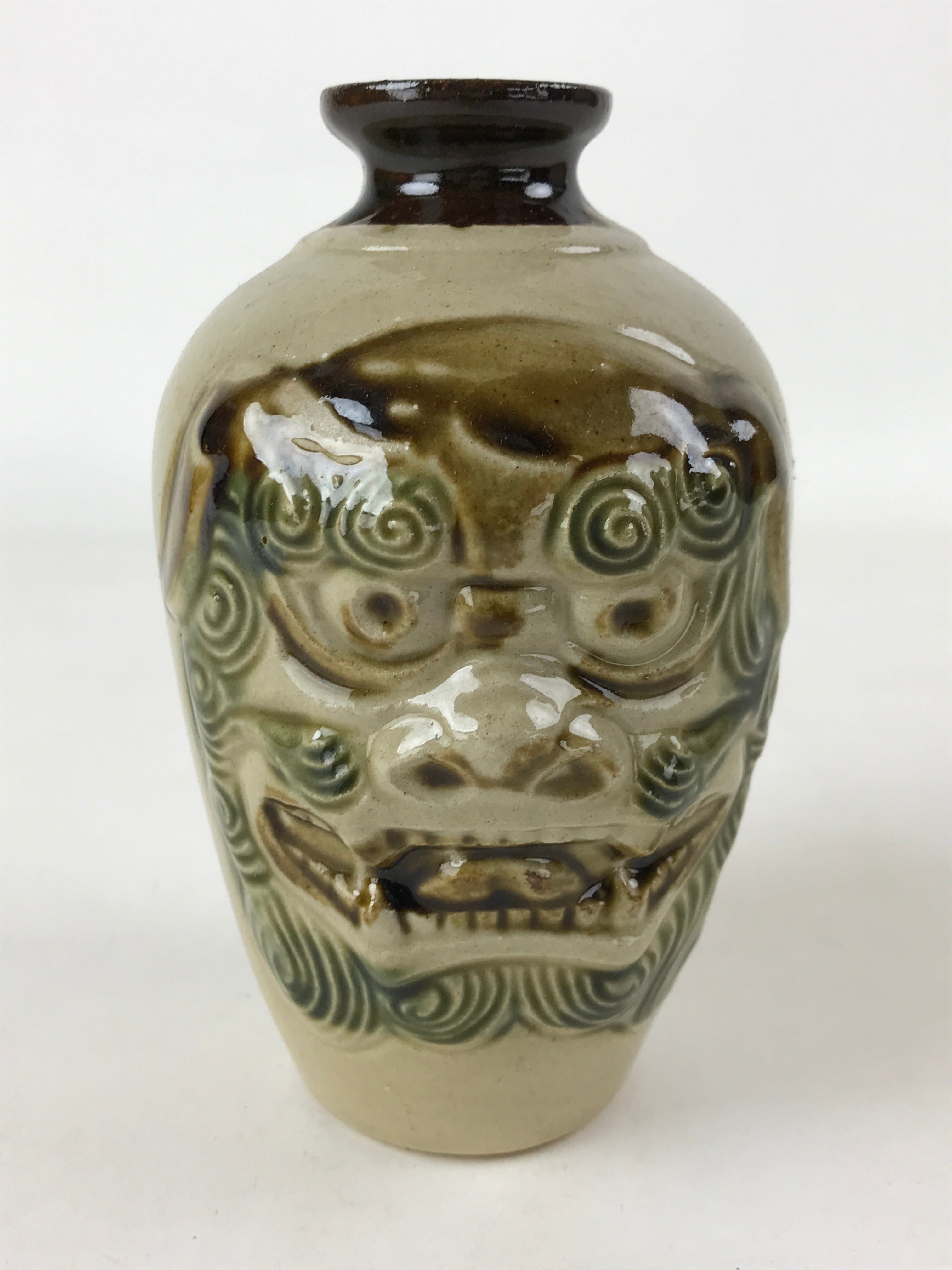 Japanese Sake Bottle Ceramic Tokkuri Vtg Shishi Lion Dragon Brown Beige TS601