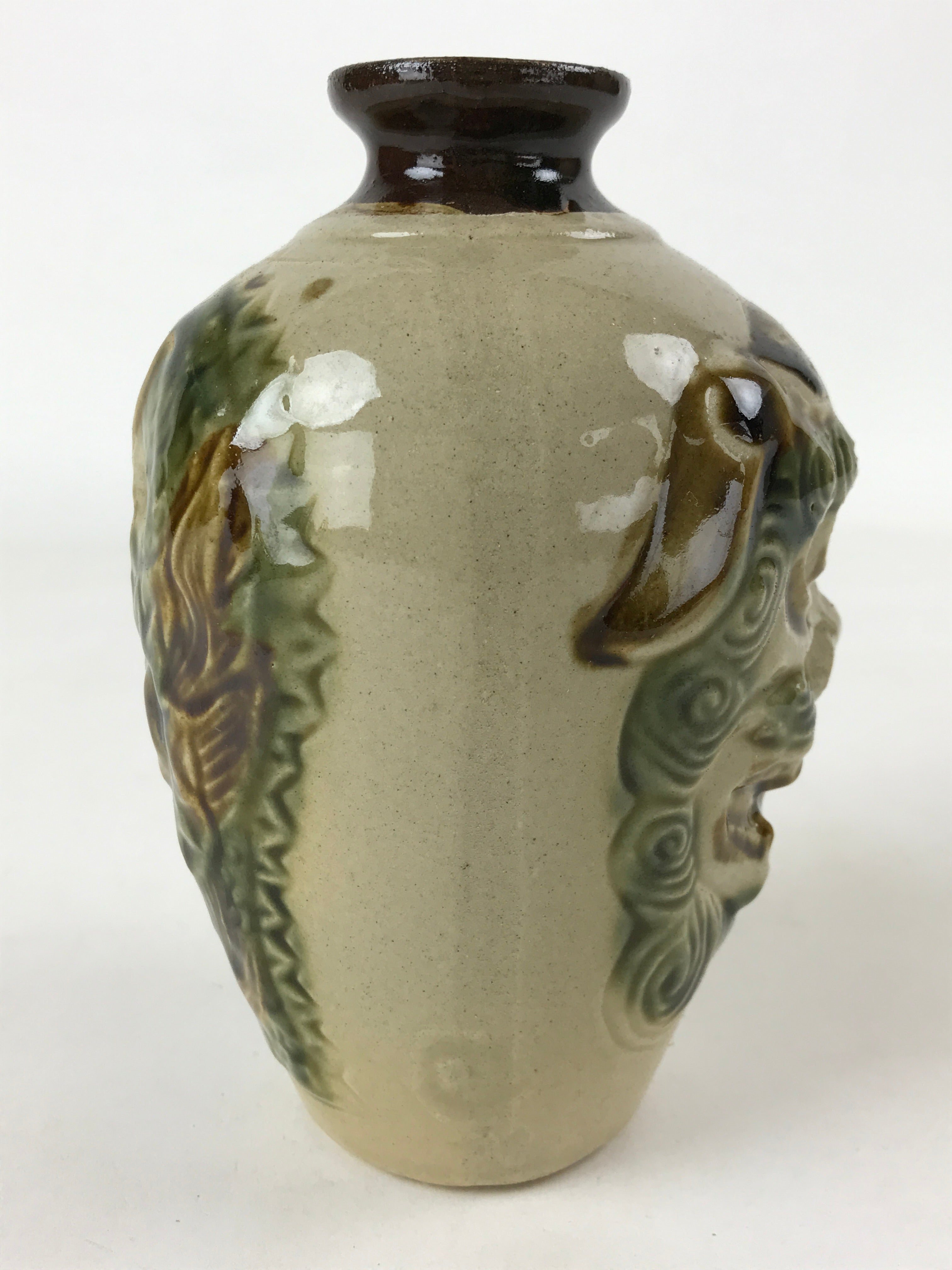 Japanese Sake Bottle Ceramic Tokkuri Vtg Shishi Lion Dragon Brown Beige TS601
