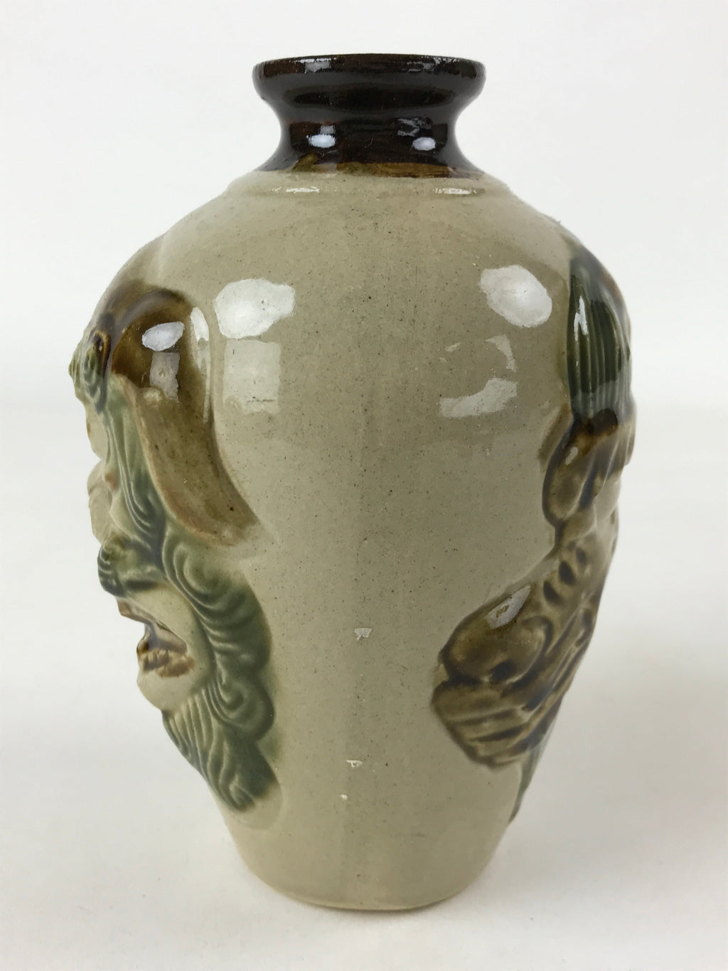 Japanese Sake Bottle Ceramic Tokkuri Vtg Shishi Lion Dragon Brown Beige TS601